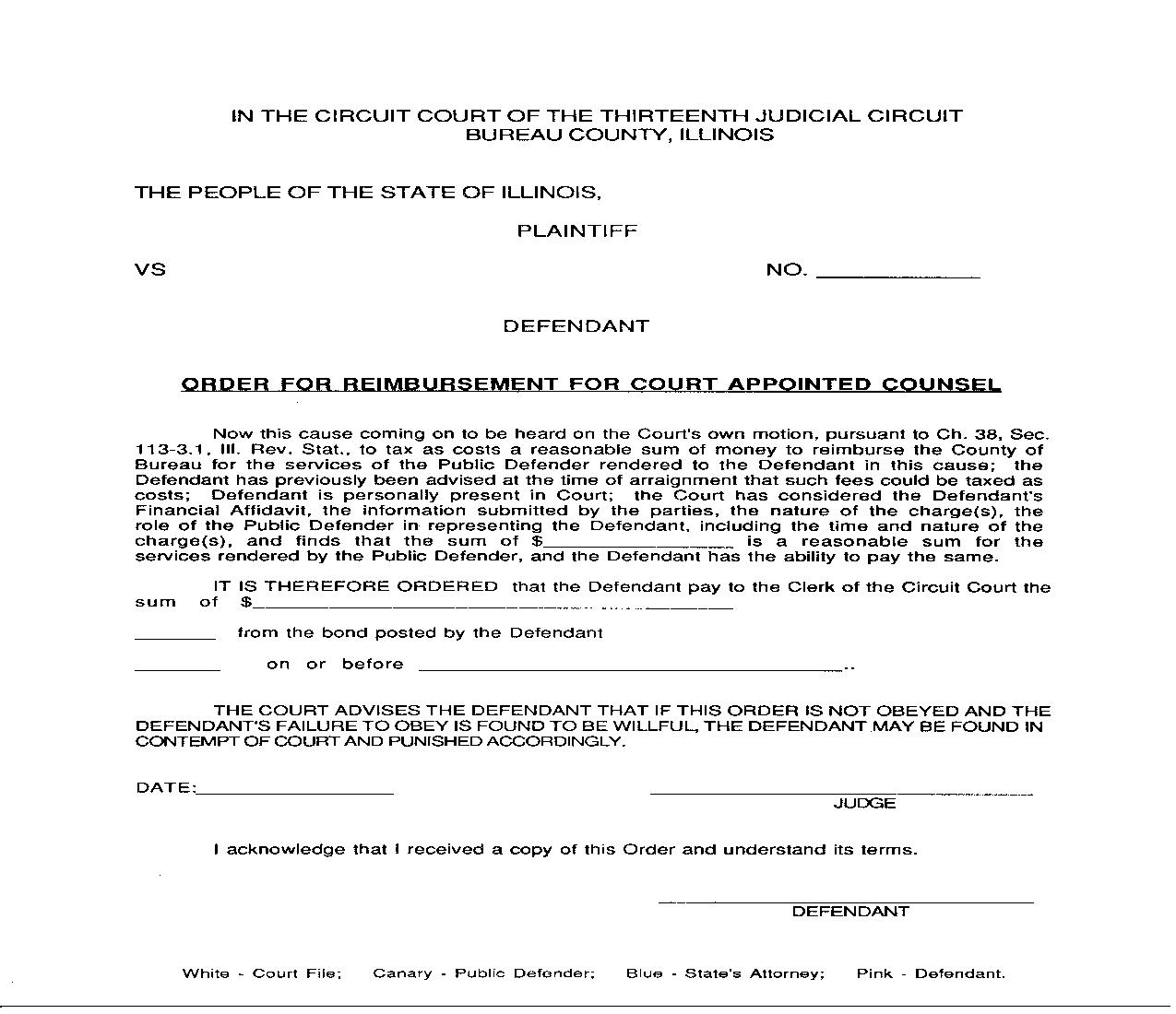Order For Reimbursement For Court Appointed Counsel |  | Illinois