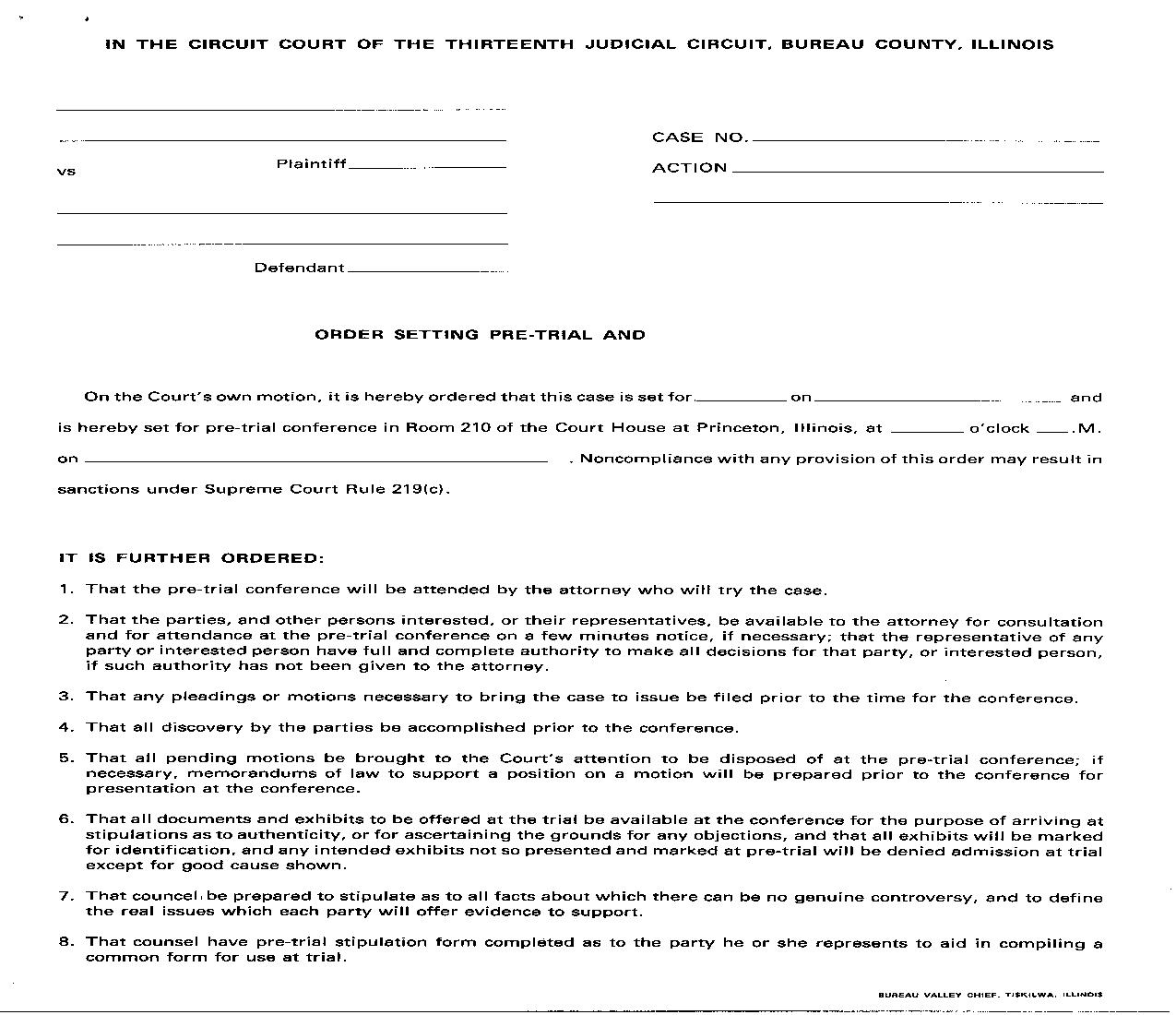 Order Setting Pre Trial And |  | Illinois
