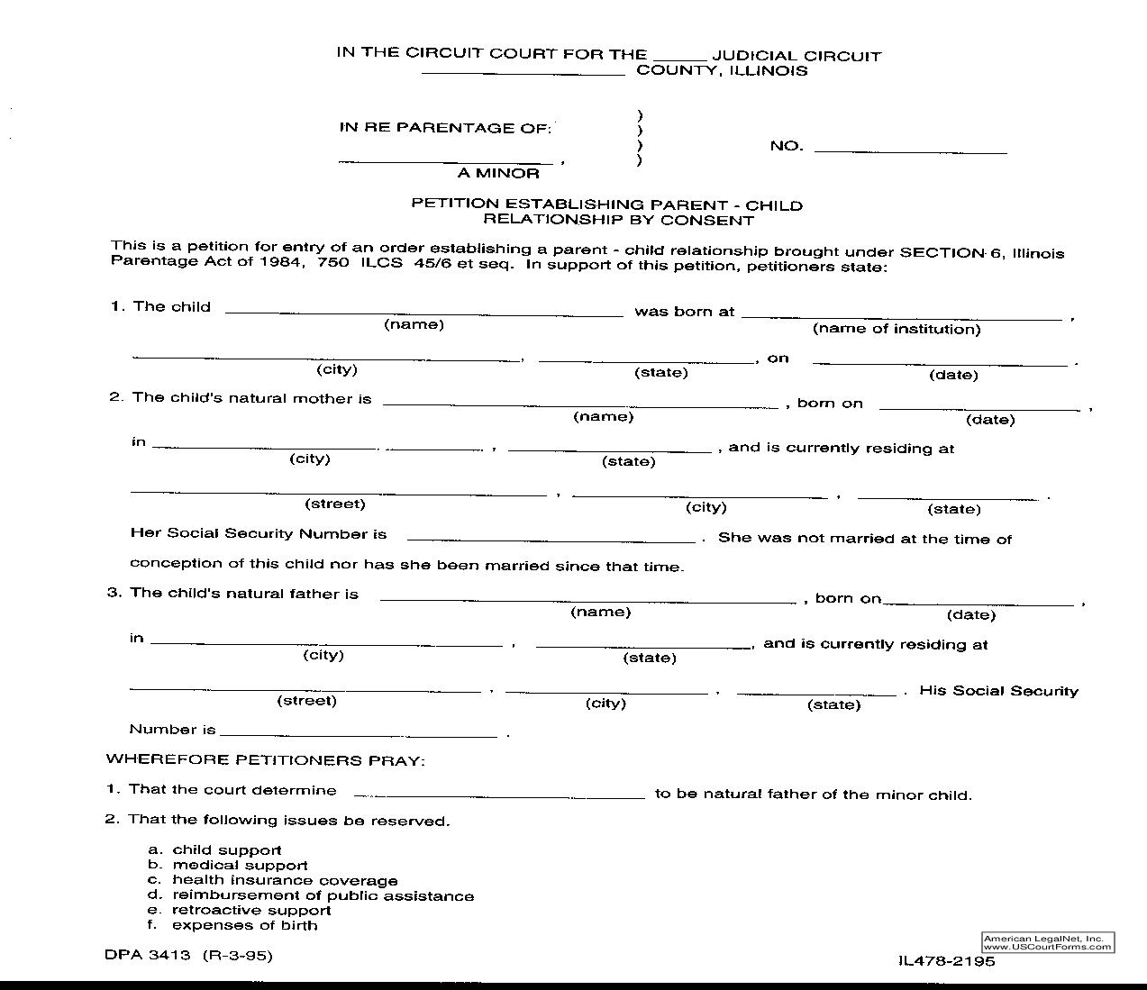 Petition Establishing Parent-Child Relationship By Consent {DPA 3413} |  | Illinois