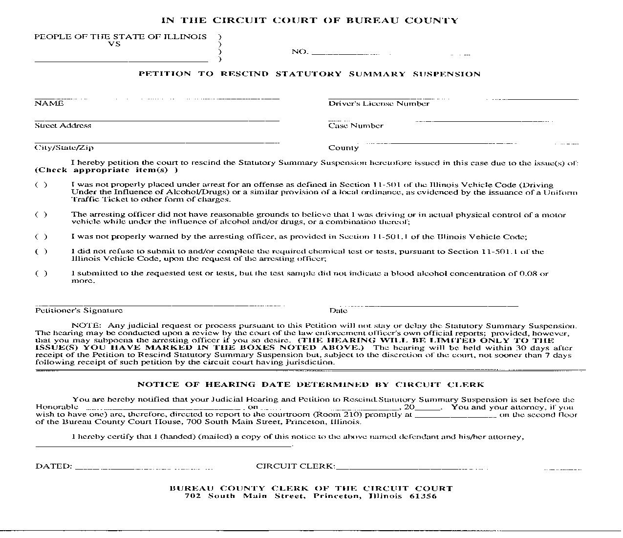 Petition To Rescind Statutory Summary Suspension |  | Illinois