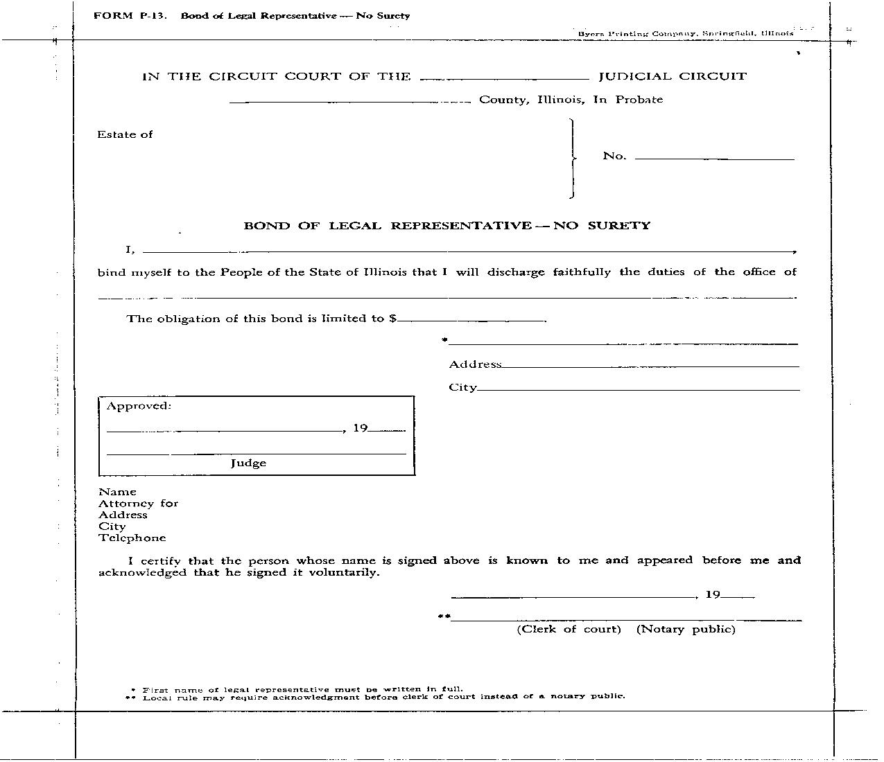 Bond Of Legal Representative No Surety | Pdf Fpdf Doc Docx | Illinois