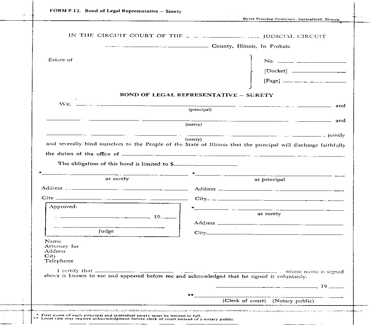 Bond Of Legal Representative Surety | Pdf Fpdf Doc Docx | Illinois