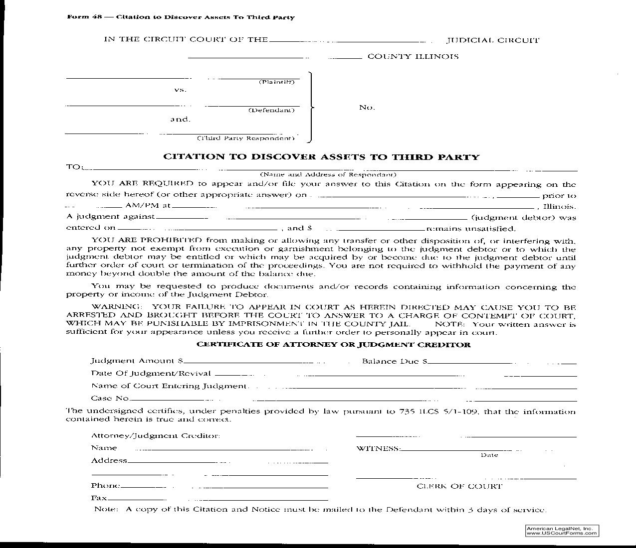 Citation To Discover Assets To Third Party {48} |  | Illinois