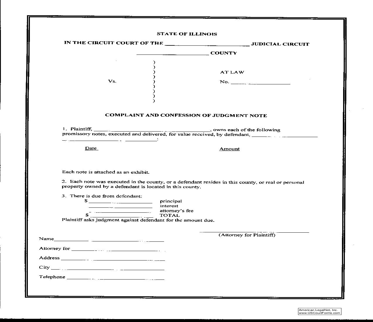 Complaint And Confession Of Judgment Note | Pdf Fpdf Doc Docx | Illinois