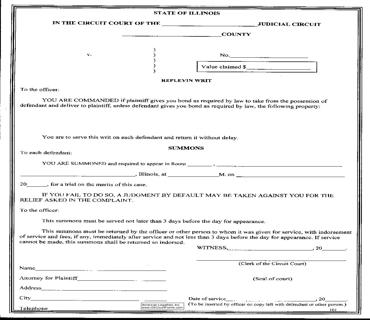 Replevin Writ And Summons {101} | Pdf Fpdf Doc Docx | Illinois