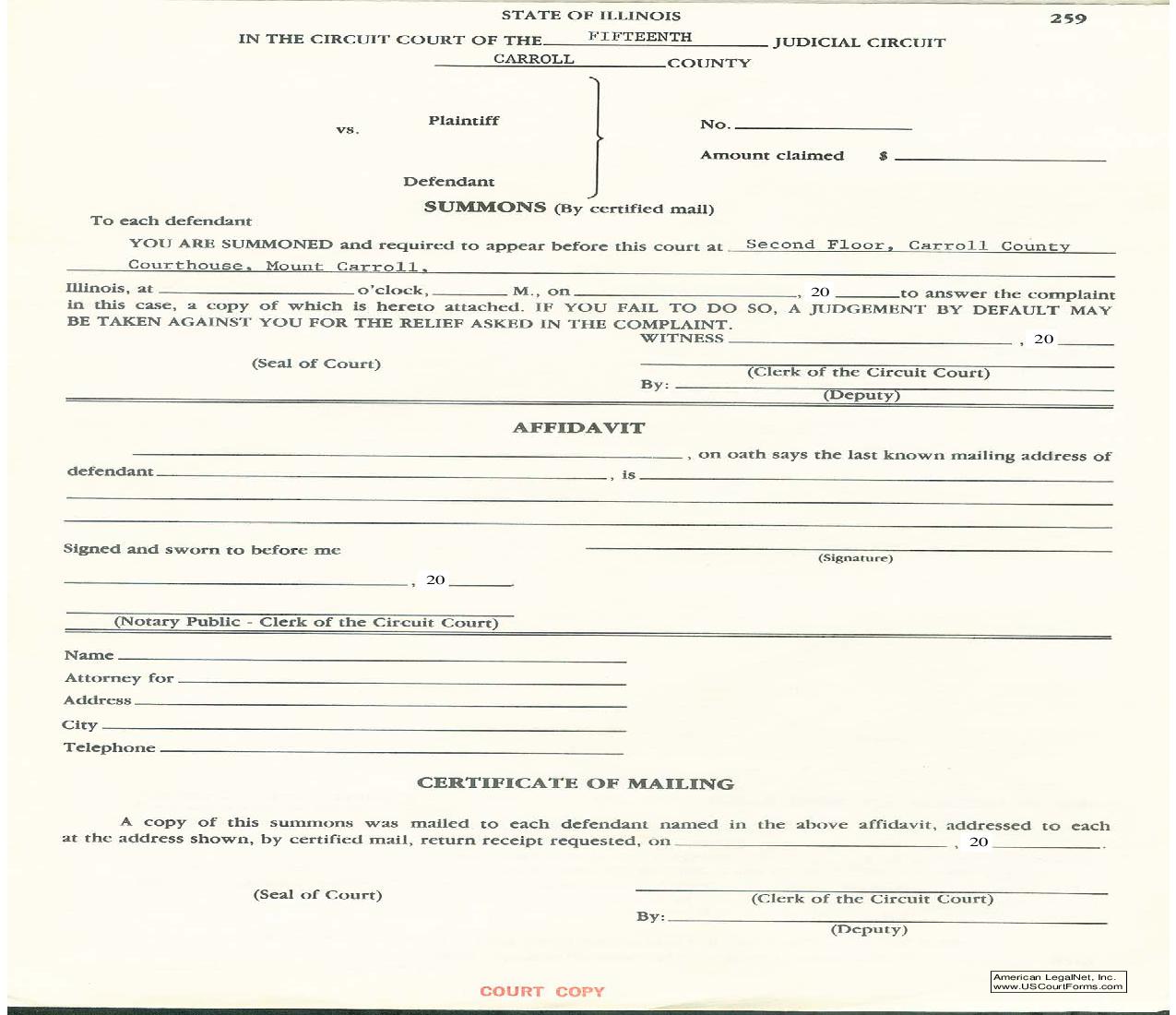 Summons By Certified Mail {259} | Pdf Fpdf Doc Docx | Illinois