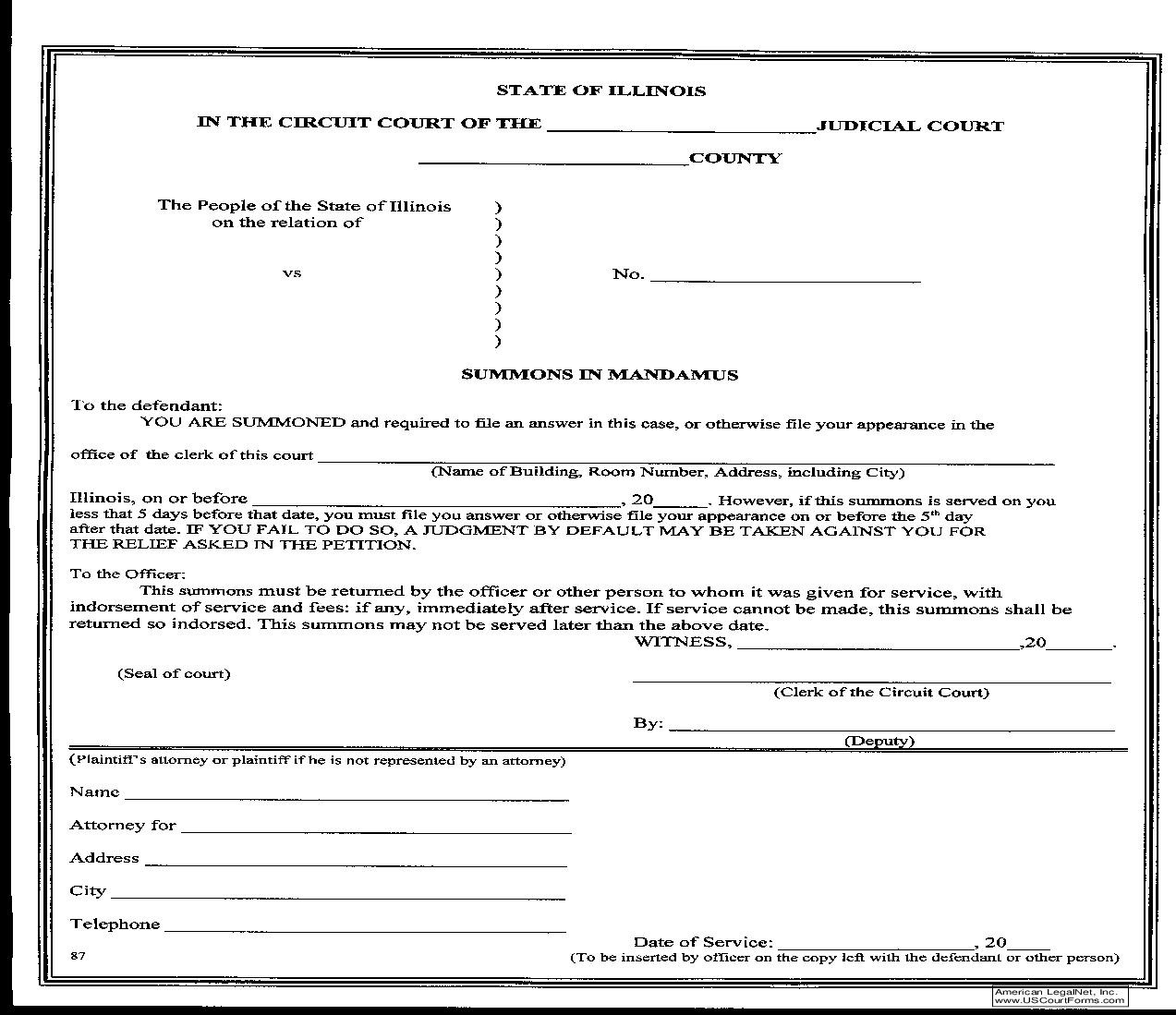 Summons In Mandamus {87} | Pdf Fpdf Doc Docx | Illinois