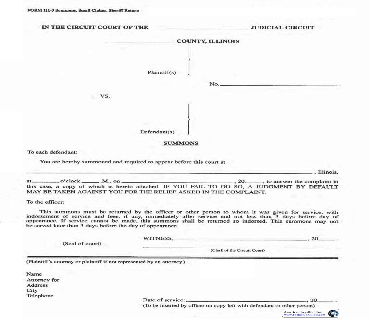 Summons Small Claims Sheriff Return {111-3} | Pdf Fpdf Doc Docx | Illinois