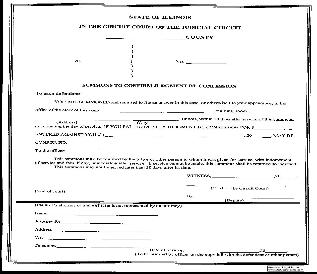 Summons To Confirm Judgment By Confession | Pdf Fpdf Doc Docx | Illinois