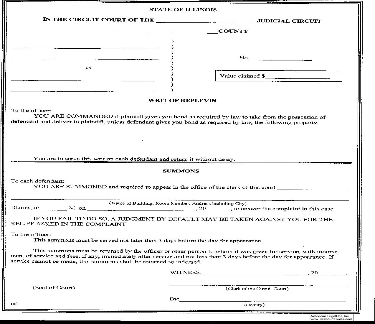 Writ Of Replevin {100} | Pdf Fpdf Doc Docx | Illinois