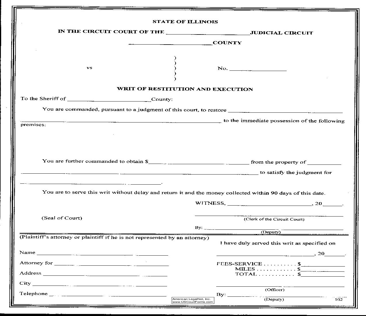 Writ Of Restitution And Execution {102} | Pdf Fpdf Doc Docx | Illinois