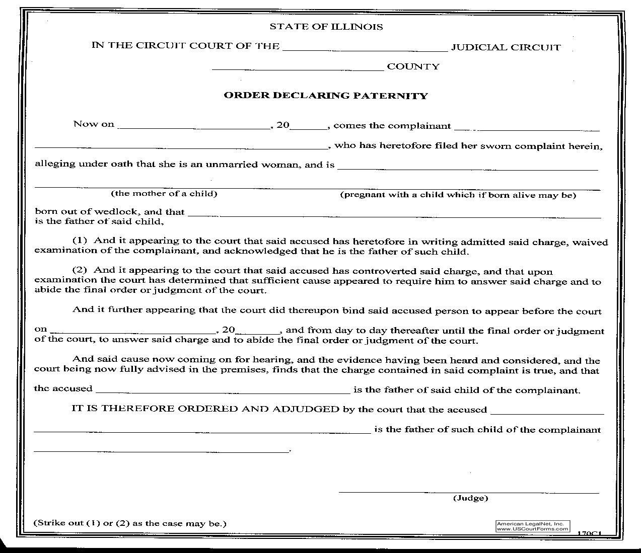 Order Declaring Paternity {170C1} | Pdf Fpdf Doc Docx | Illinois