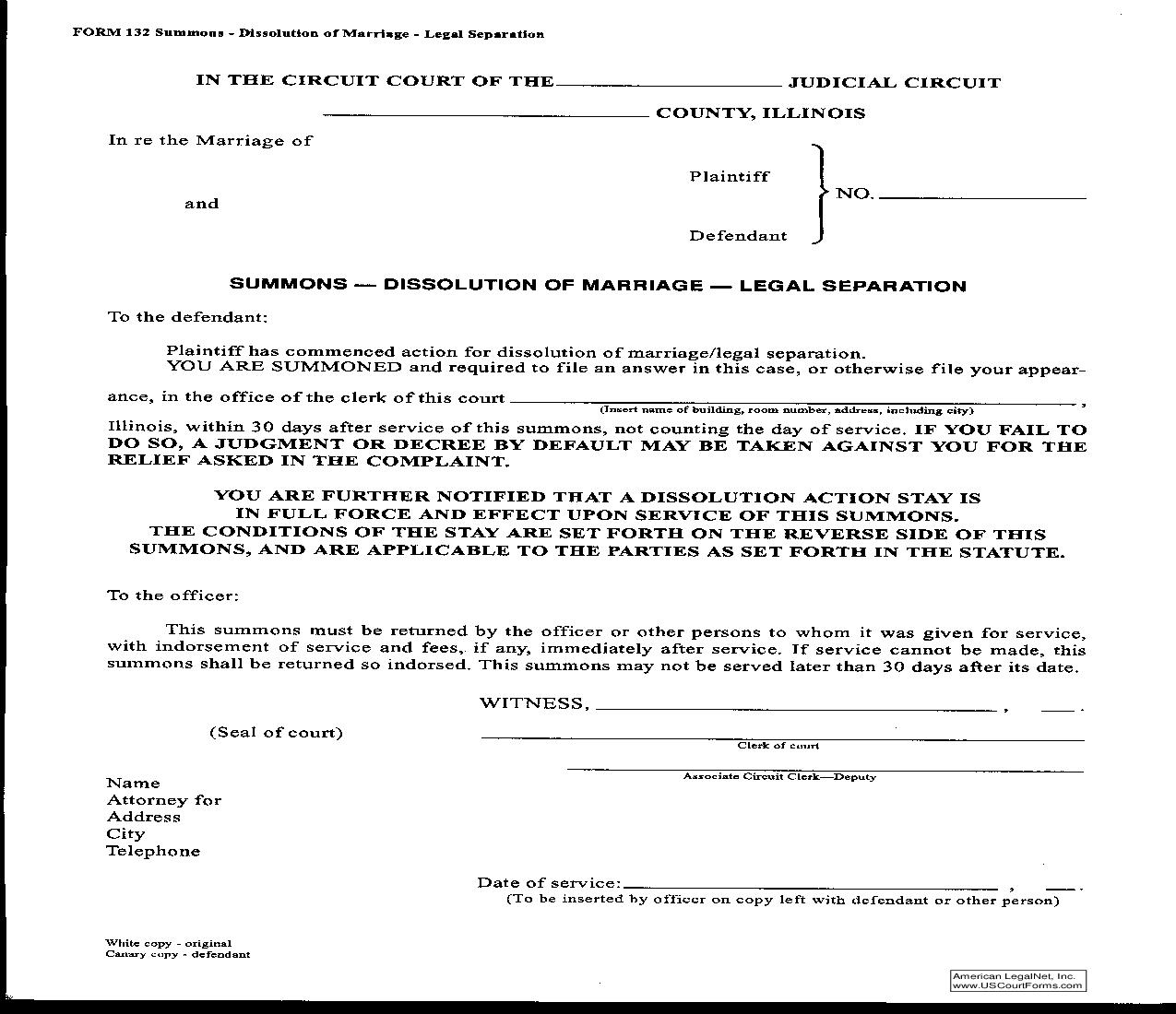 Summons Dissolution Of Marriage-Legal Separation {132} | Pdf Fpdf Doc Docx | Illinois
