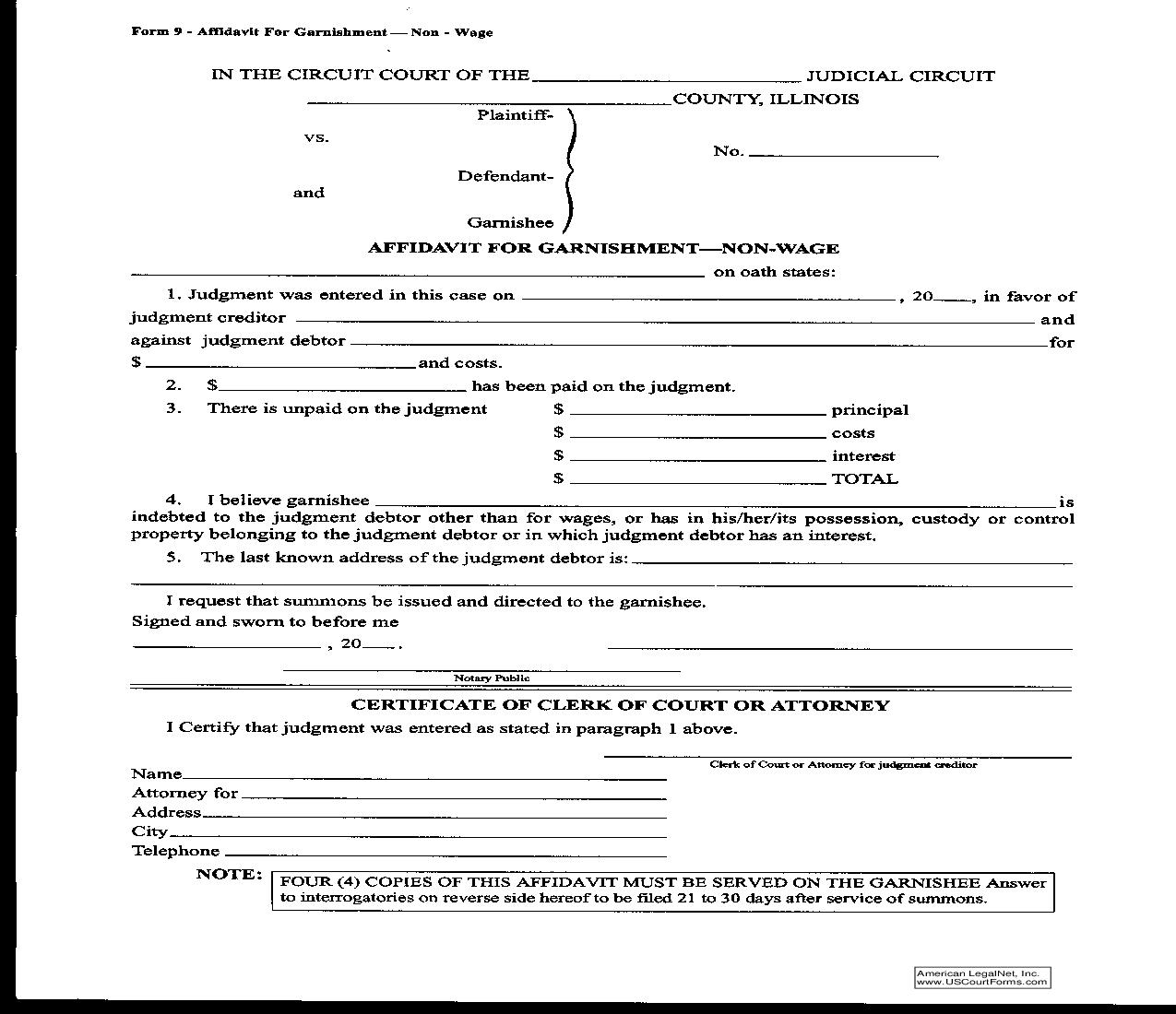 Affidavit For Garnishment - Non-Wage {9} | Pdf Fpdf Doc Docx | Illinois