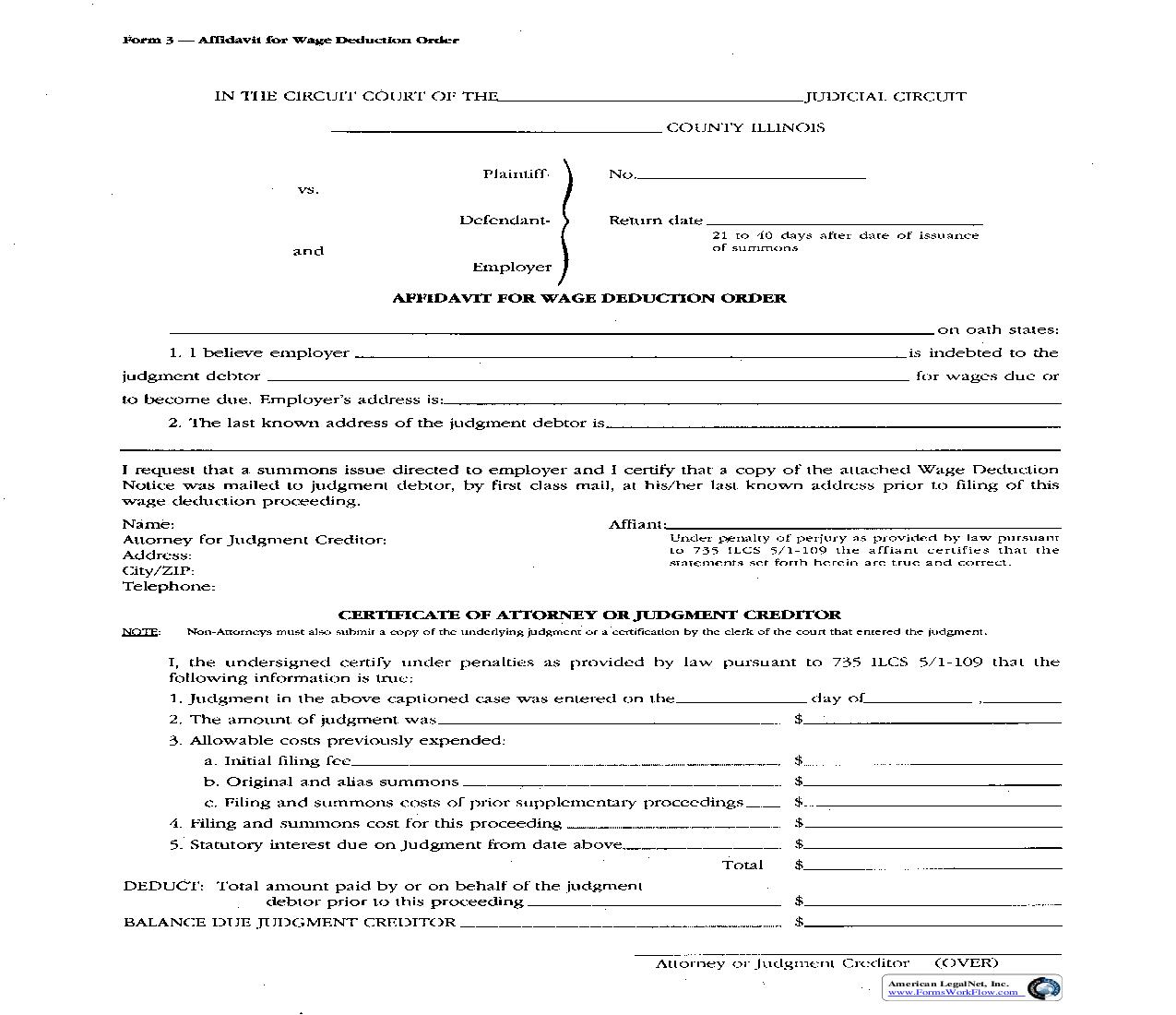 Affidavit For Wage Deduction Order {3} | Pdf Fpdf Doc Docx | Illinois