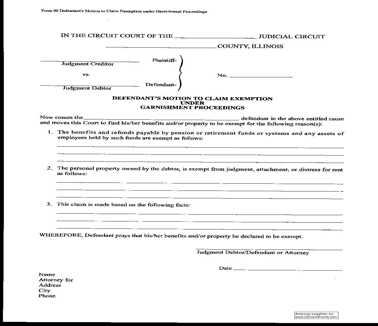 Defendants Motion To Claim Exemtion Under Garnishment Proceedings {90} | Pdf Fpdf Doc Docx | Illinois