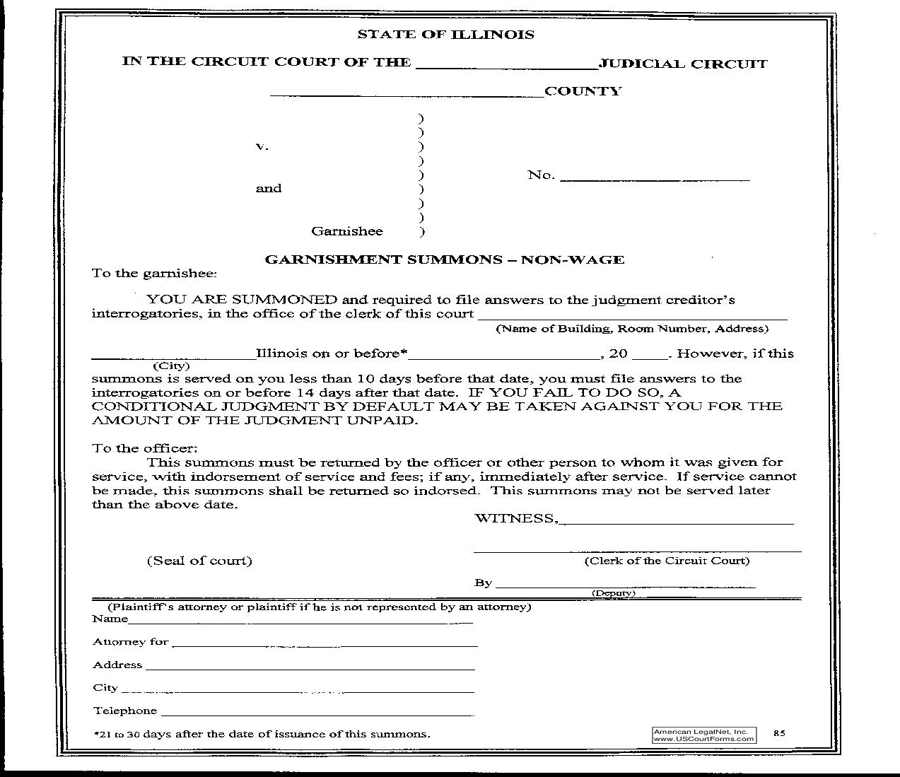 Garnishment Summons - Non-Wage {85} | Pdf Fpdf Doc Docx | Illinois