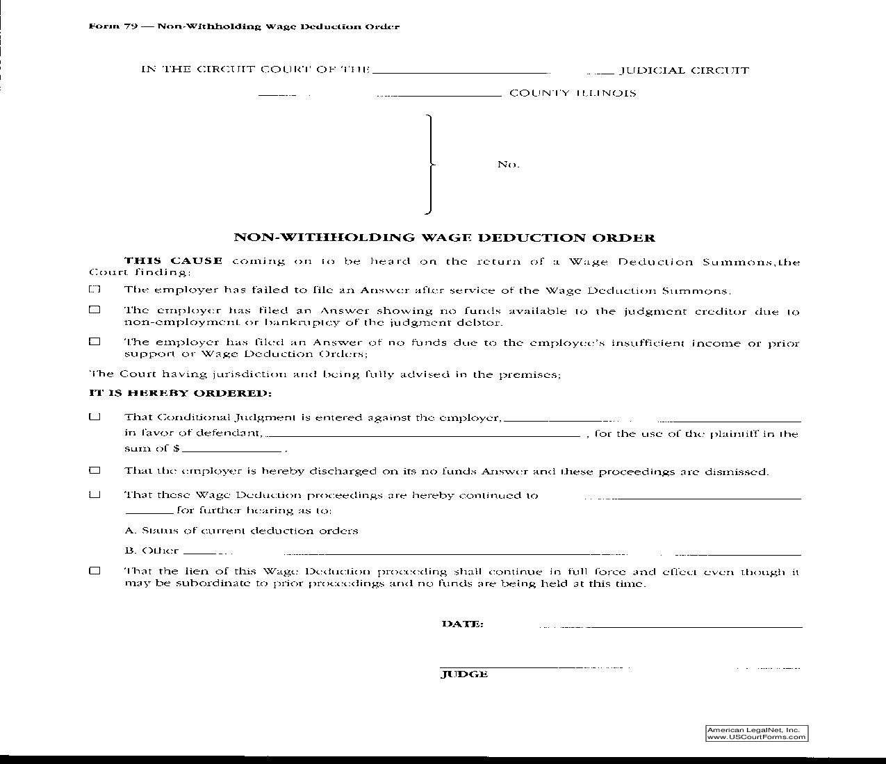 Non-Withholding Wage Deduction Order {79} | Pdf Fpdf Doc Docx | Illinois