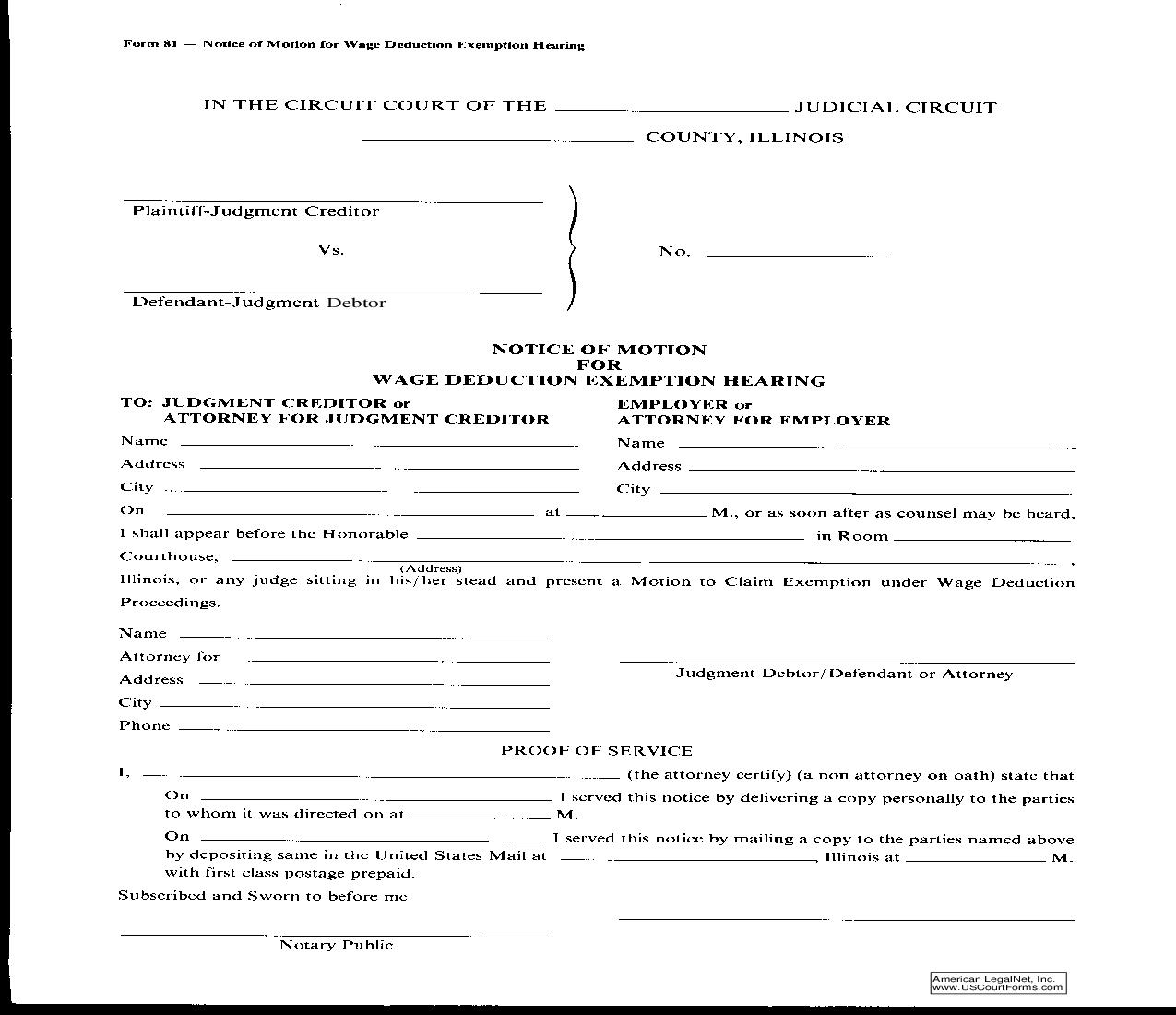 Notice Of Motion For Wage Deduction Exemption Hearing {81} | Pdf Fpdf Doc Docx | Illinois