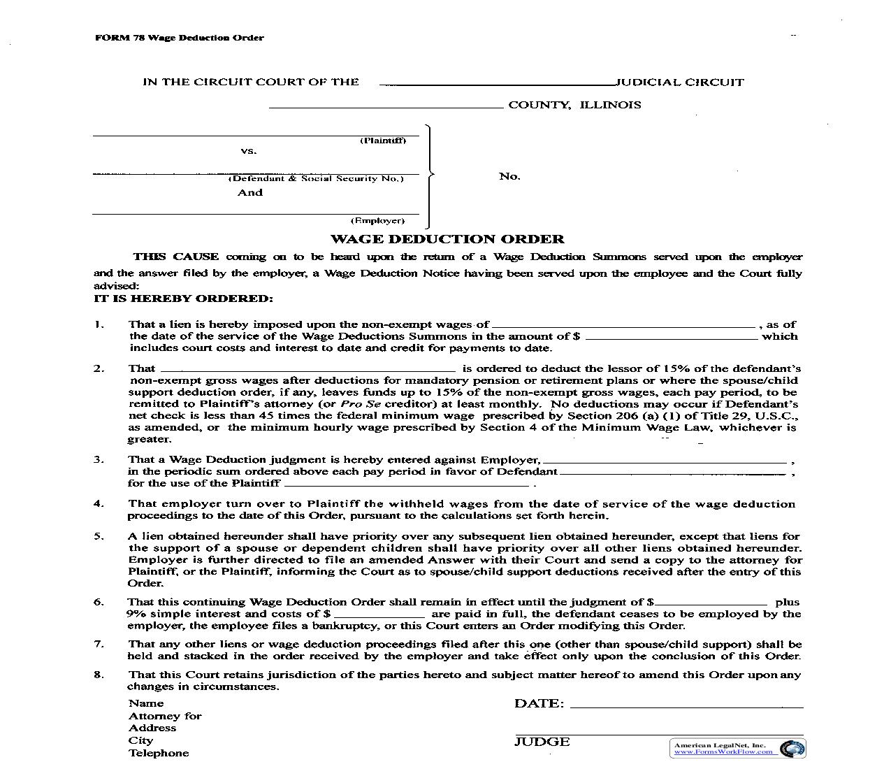 Wage Deduction Order | Pdf Fpdf Doc Docx | Illinois