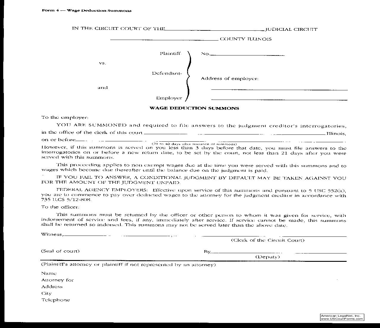 Wage Deduction Summons {4} | Pdf Fpdf Doc Docx | Illinois