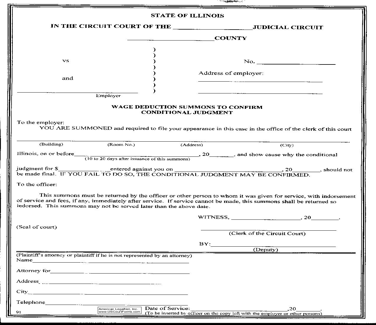 Wage Deduction Summons To Confirm Conditional Judgment {91} | Pdf Fpdf Doc Docx | Illinois