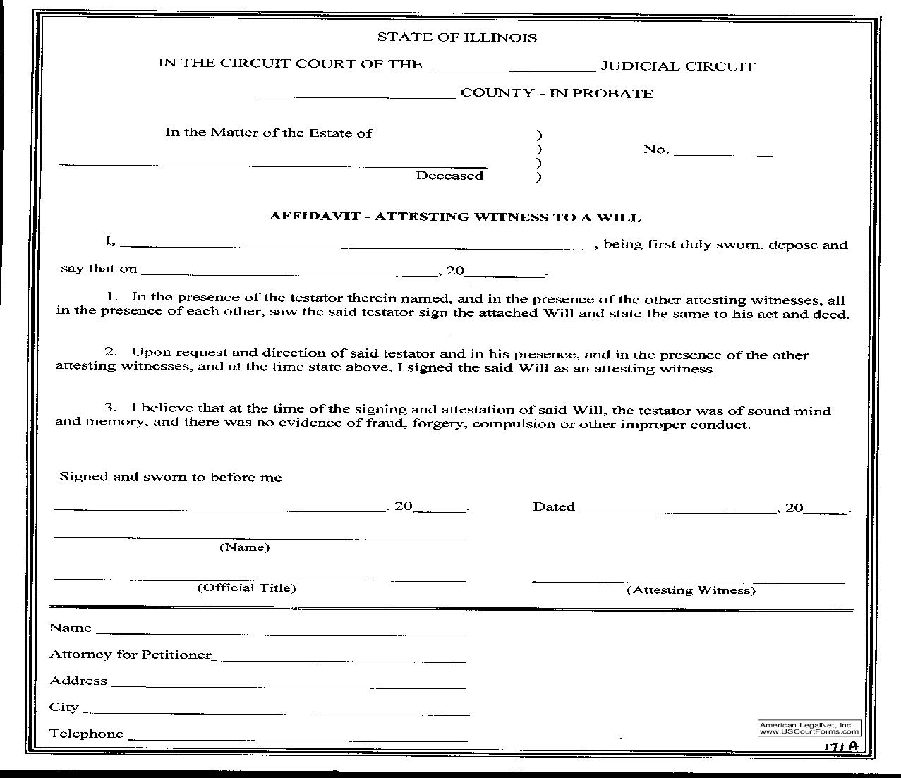 Affidavit Attesting Witness To Will {171A} | Pdf Fpdf Doc Docx | Illinois
