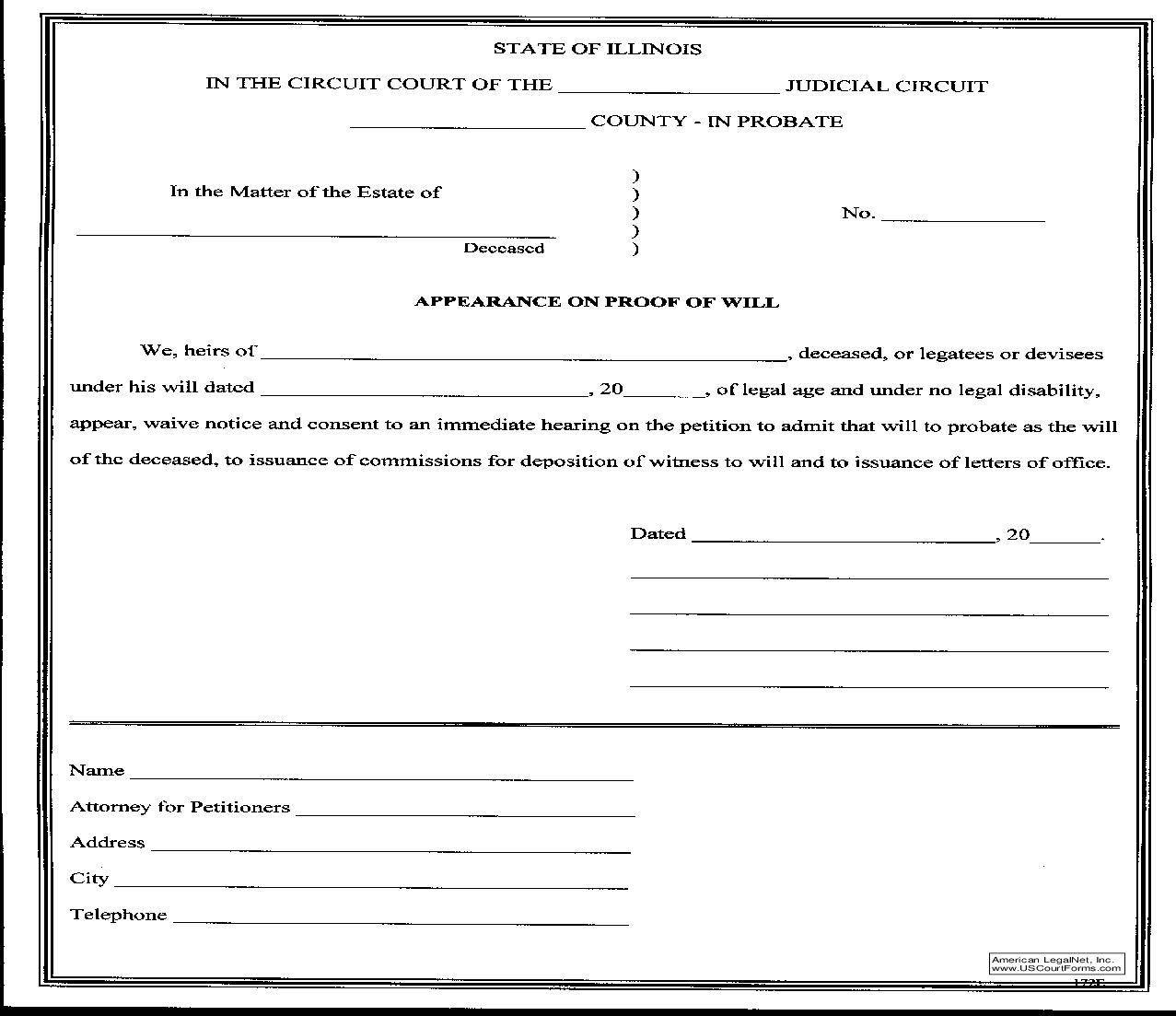 Appearance On Proof Of Will {172E} | Pdf Fpdf Doc Docx | Illinois
