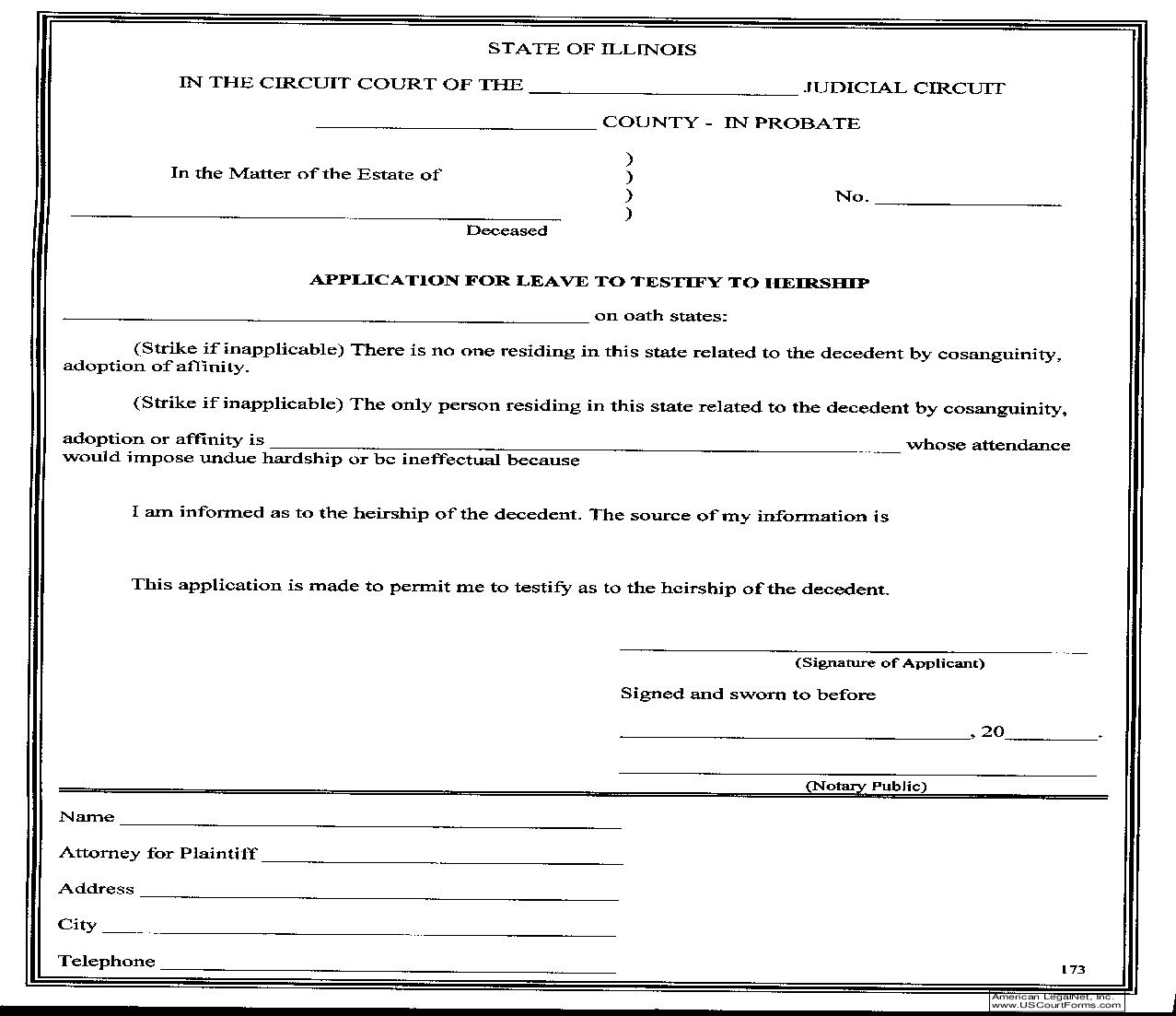 Application For Leave To Testify To Heirship {173} | Pdf Fpdf Doc Docx | Illinois