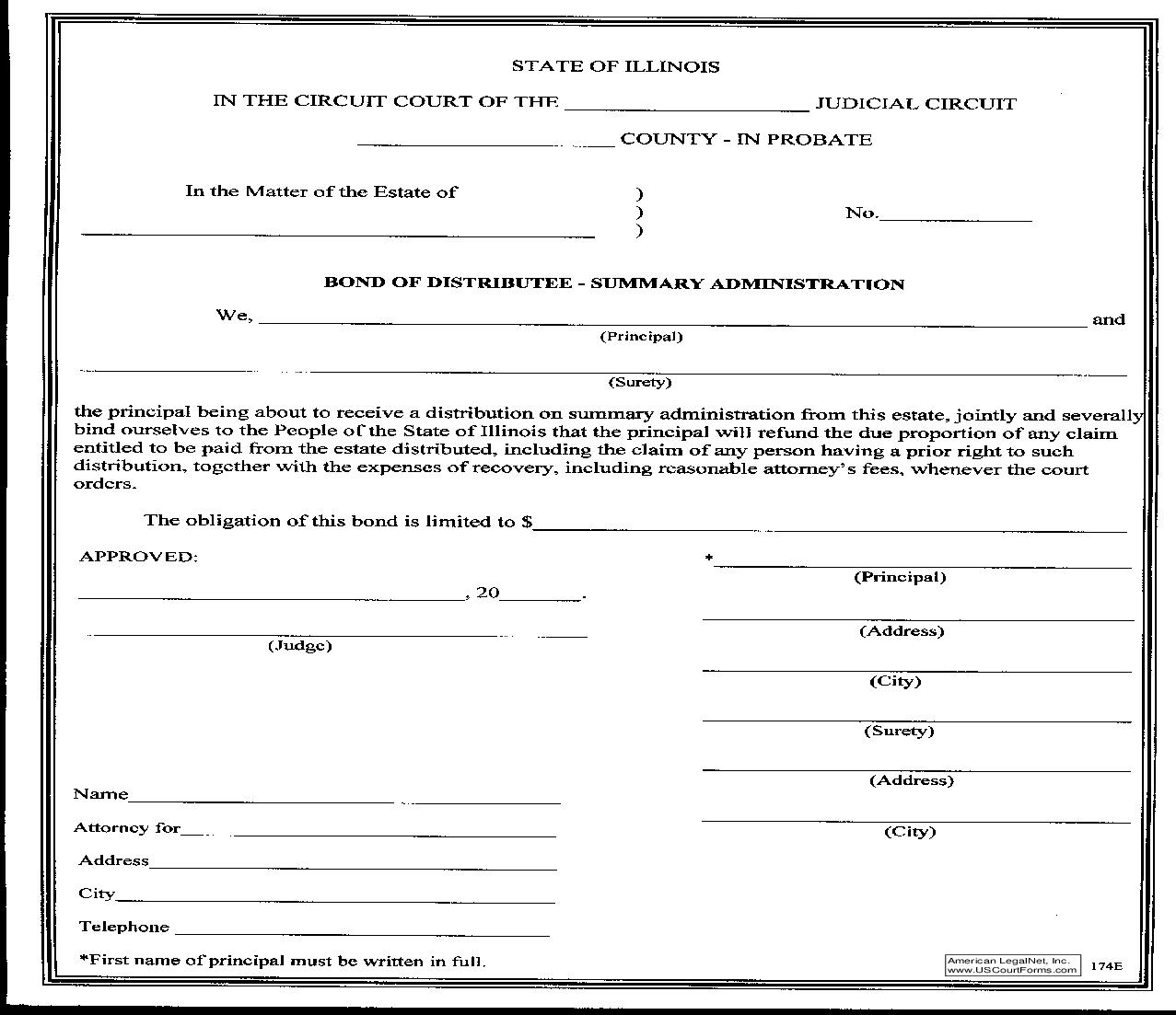 Bond Of Distributee-Summary Administration {174E} | Pdf Fpdf Doc Docx | Illinois