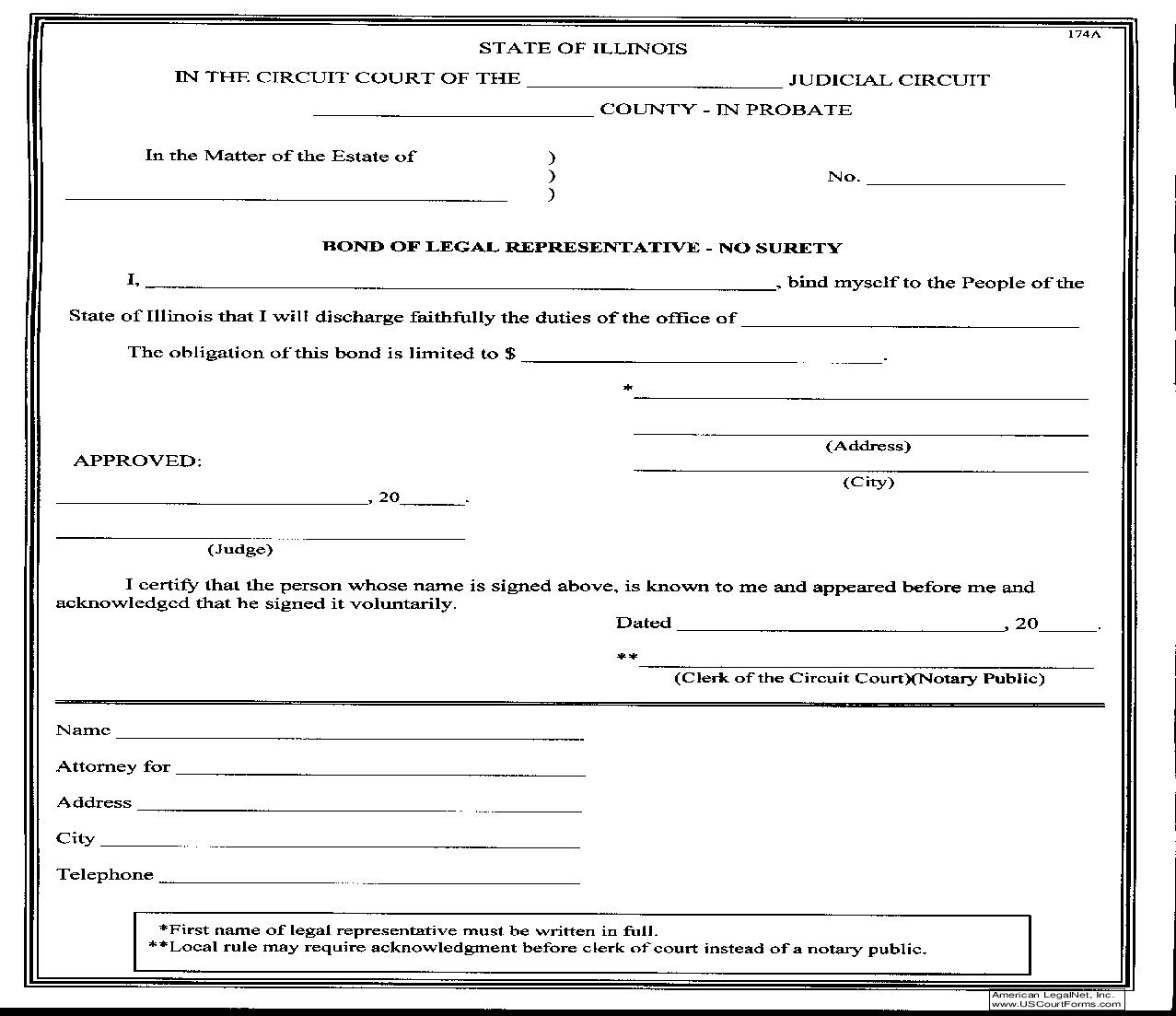 Bond Of Legal Representative-No Surety {174A} | Pdf Fpdf Doc Docx | Illinois
