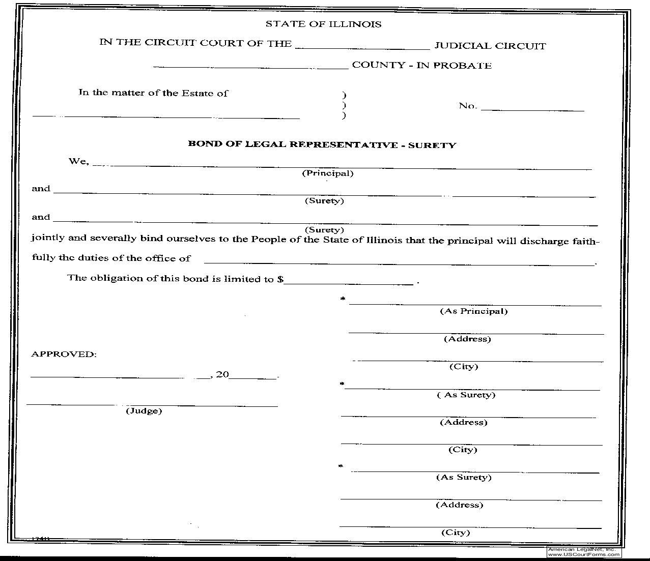Bond Of Legal Representative-Surety {174B} | Pdf Fpdf Doc Docx | Illinois