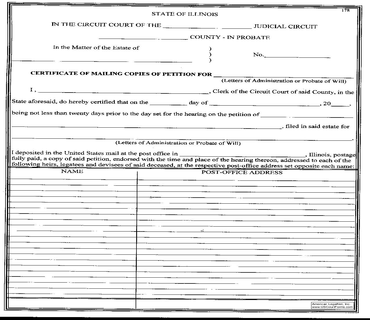 Certificate Of Mailing Copies Of Petition For Letters Of Administration Or Probate Of Will {178} | Pdf Fpdf Doc Docx | Illinois
