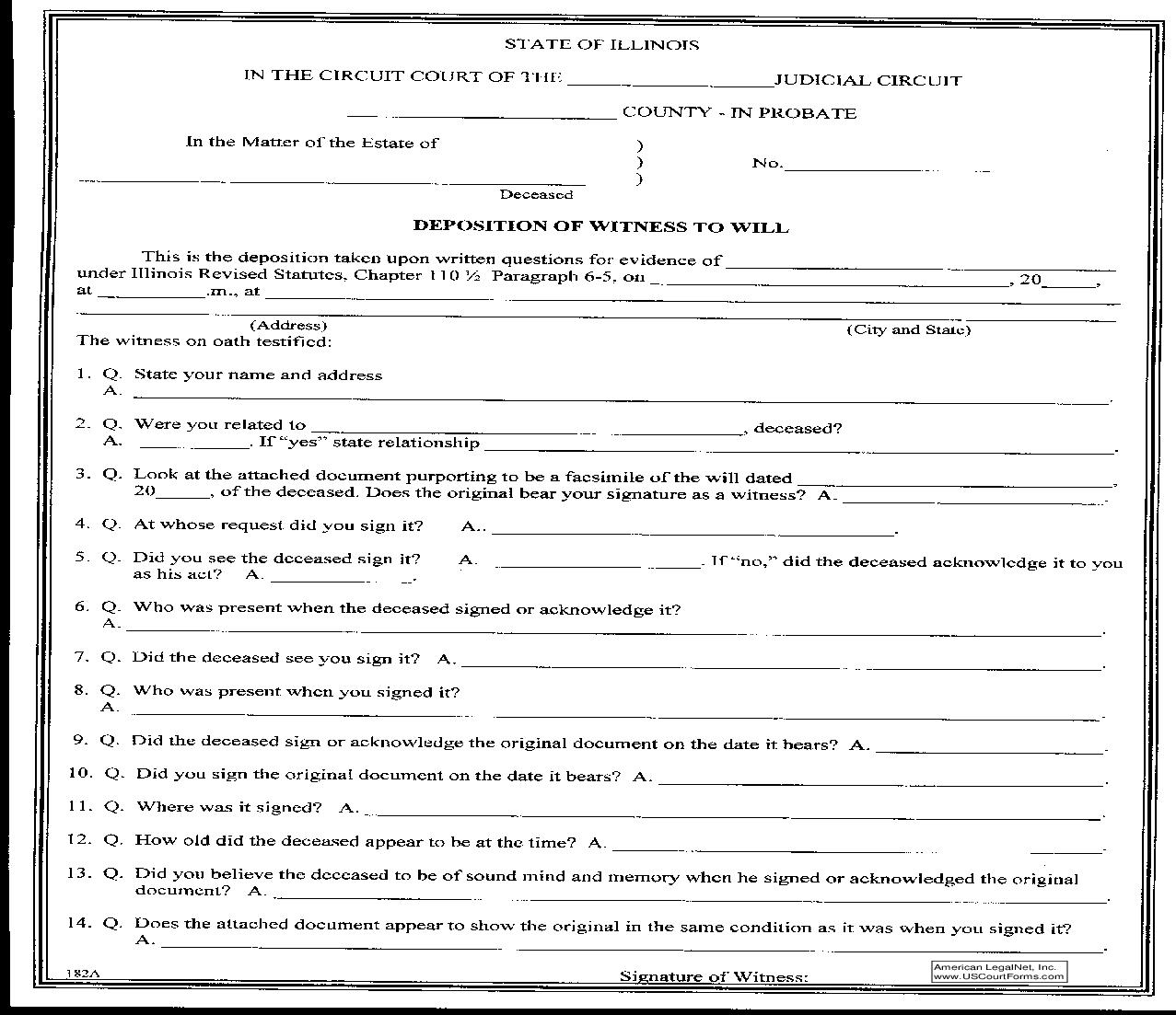 Deposition Of Witness To Will {182A} | Pdf Fpdf Doc Docx | Illinois