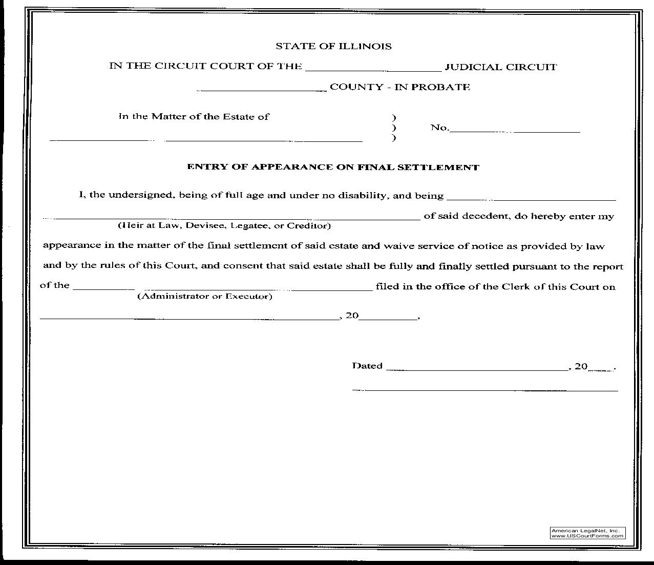Entry Of Appearance On Final Settlement | Pdf Fpdf Doc Docx | Illinois