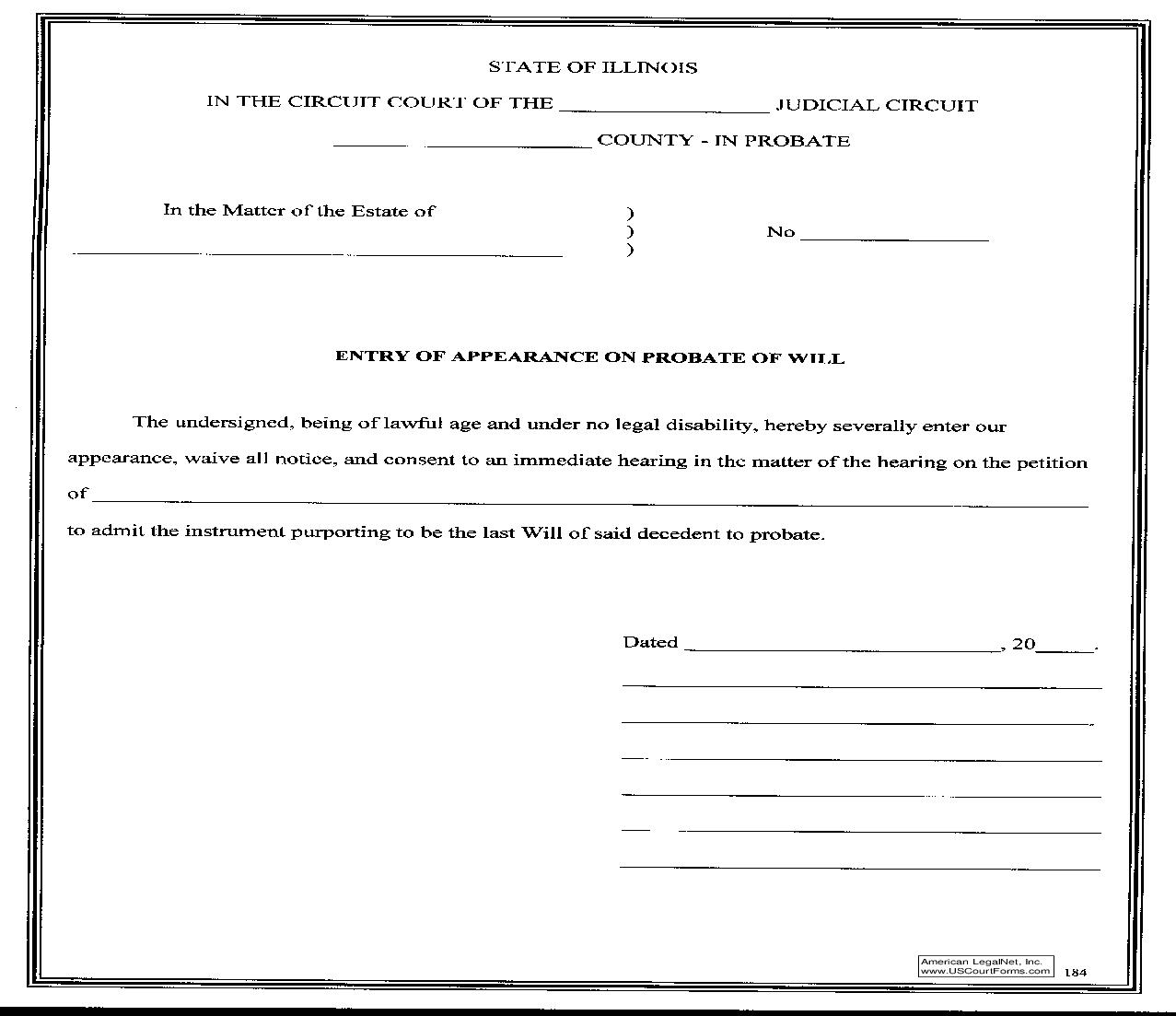Entry Of Appearance On Probate Of Will {184} | Pdf Fpdf Doc Docx | Illinois