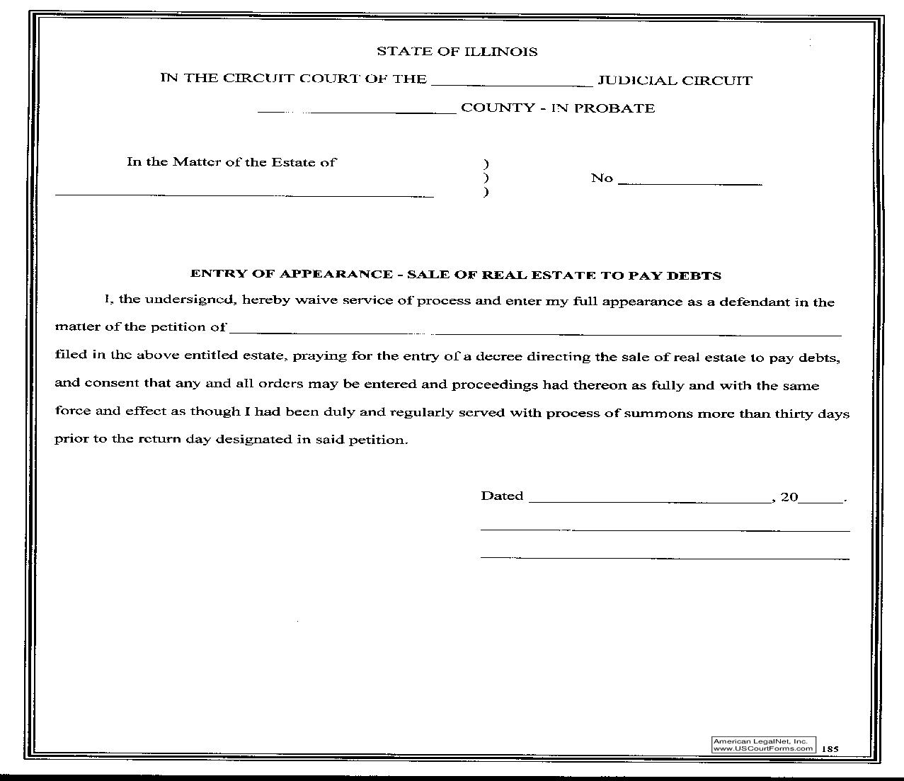 Entry Of Appearance-Sale Of Real Estate To Pay Debts {185} | Pdf Fpdf Doc Docx | Illinois