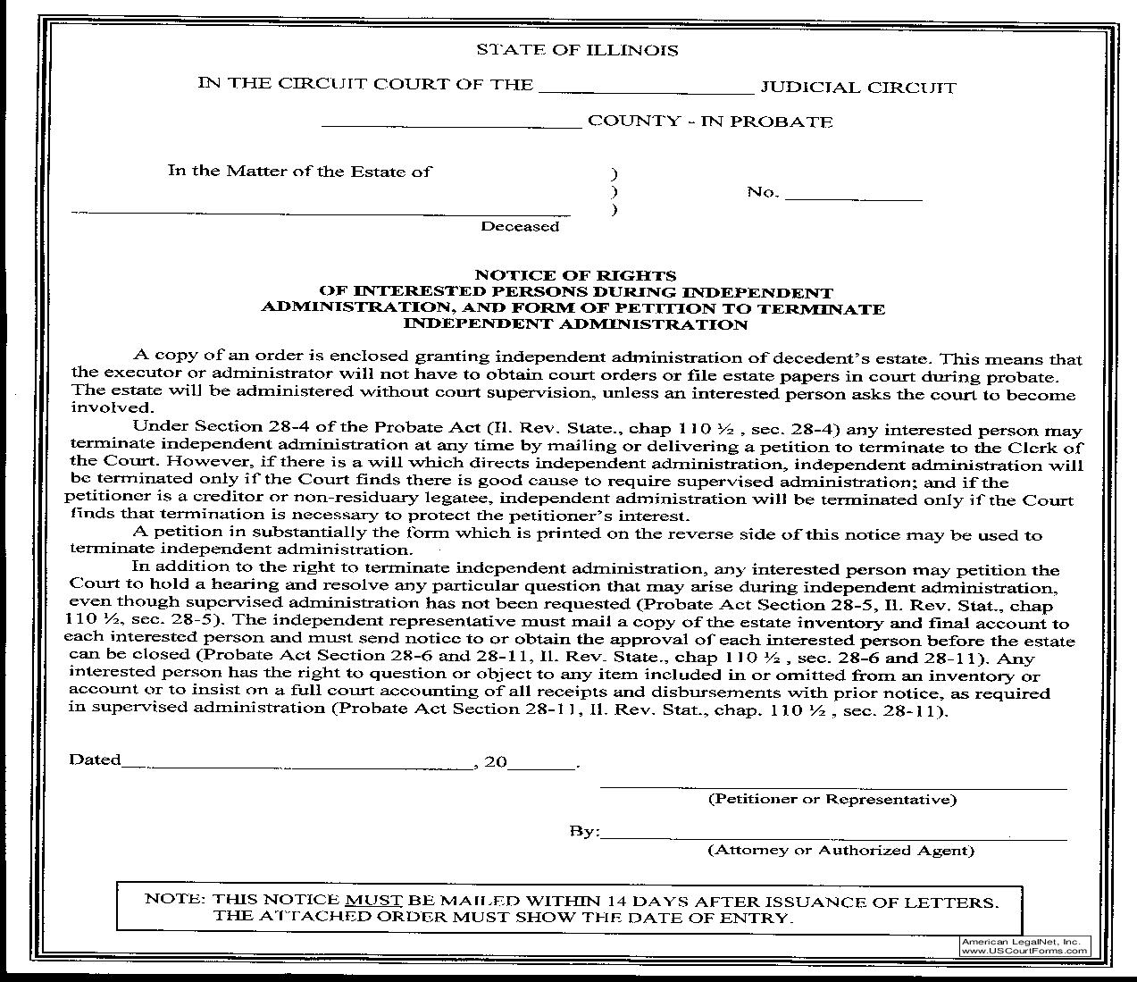 Notice Of Rights Of Interested Persons During Independent Administration-Petition To Terminate | Pdf Fpdf Doc Docx | Illinois
