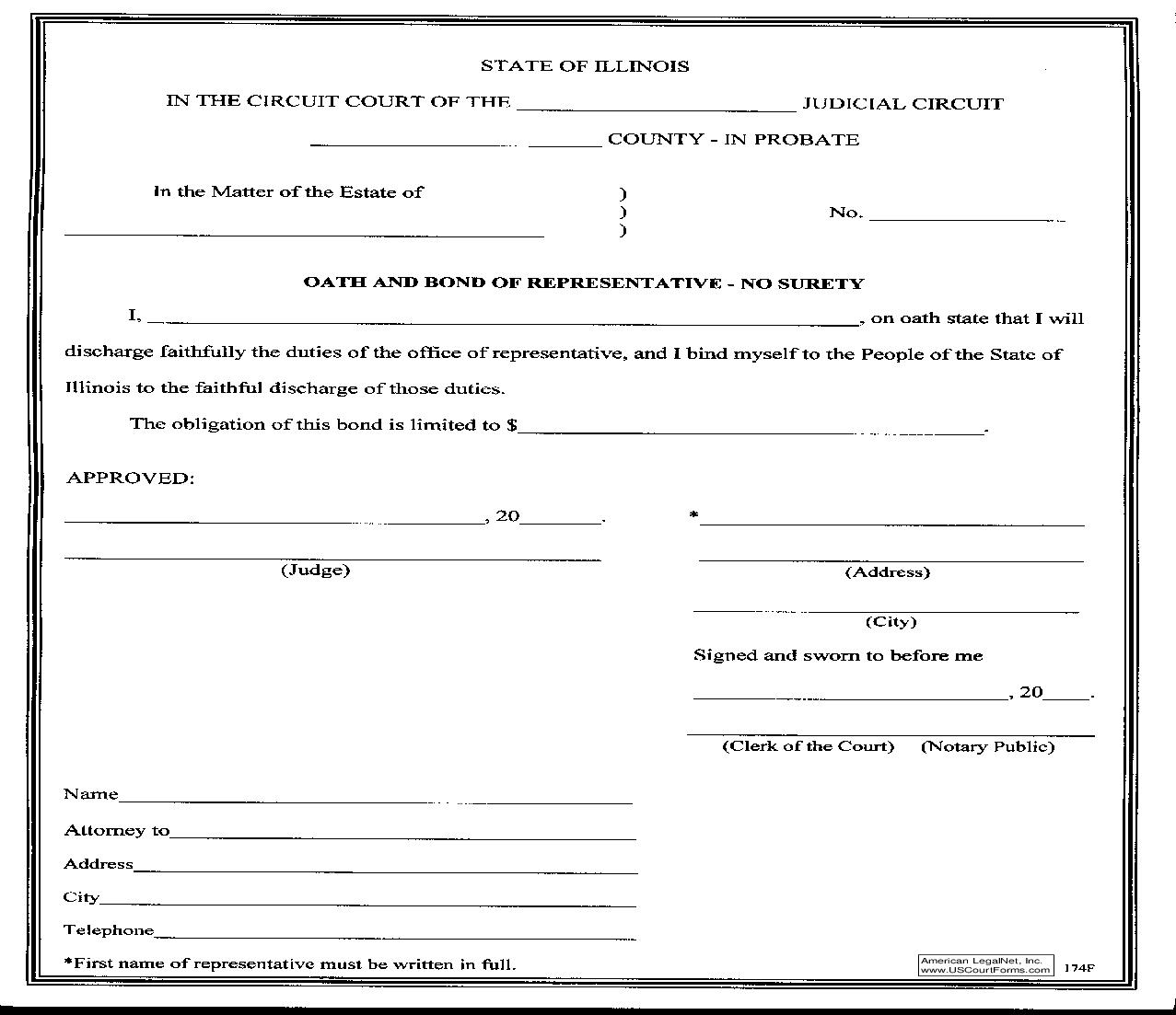 Oath And Bond Of Representative-No Surety {174F} | Pdf Fpdf Doc Docx | Illinois