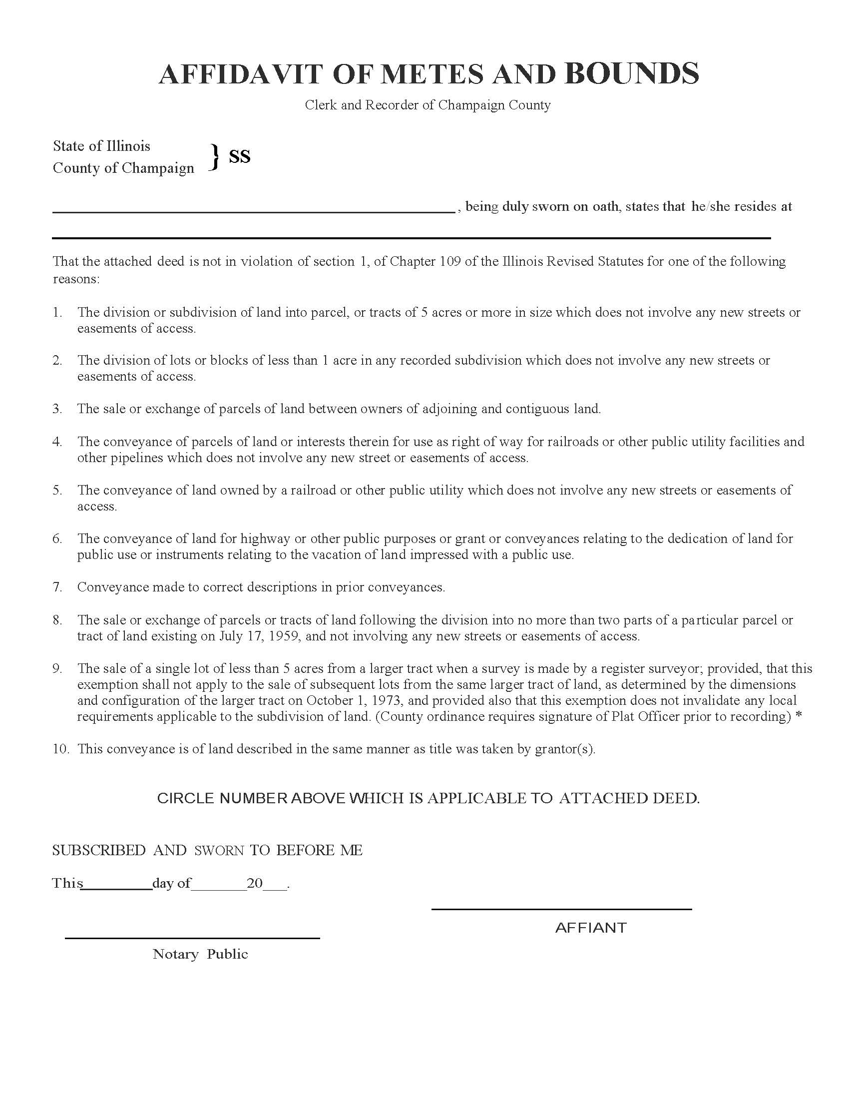 Affidavit Of Metes And Bounds (Plat Act Affidavit) | Pdf Fpdf Doc Docx | Illinois