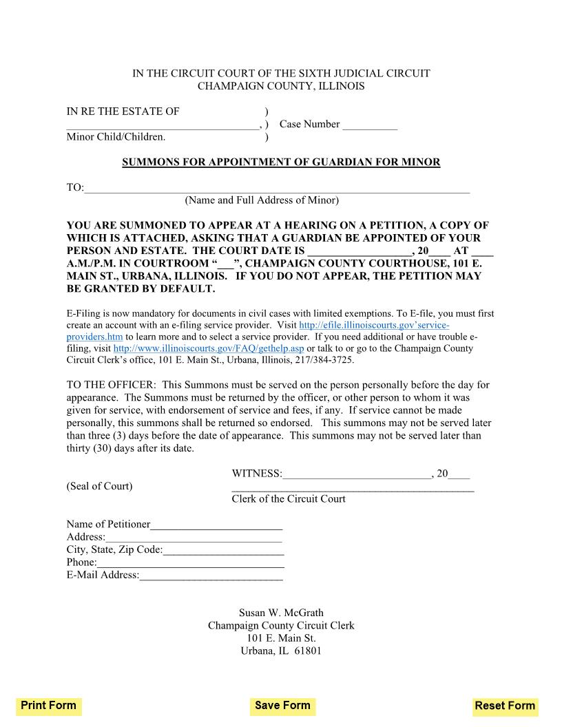 Summons For Appointment Of Guardian For Minor | Pdf Fpdf Docx | Illinois