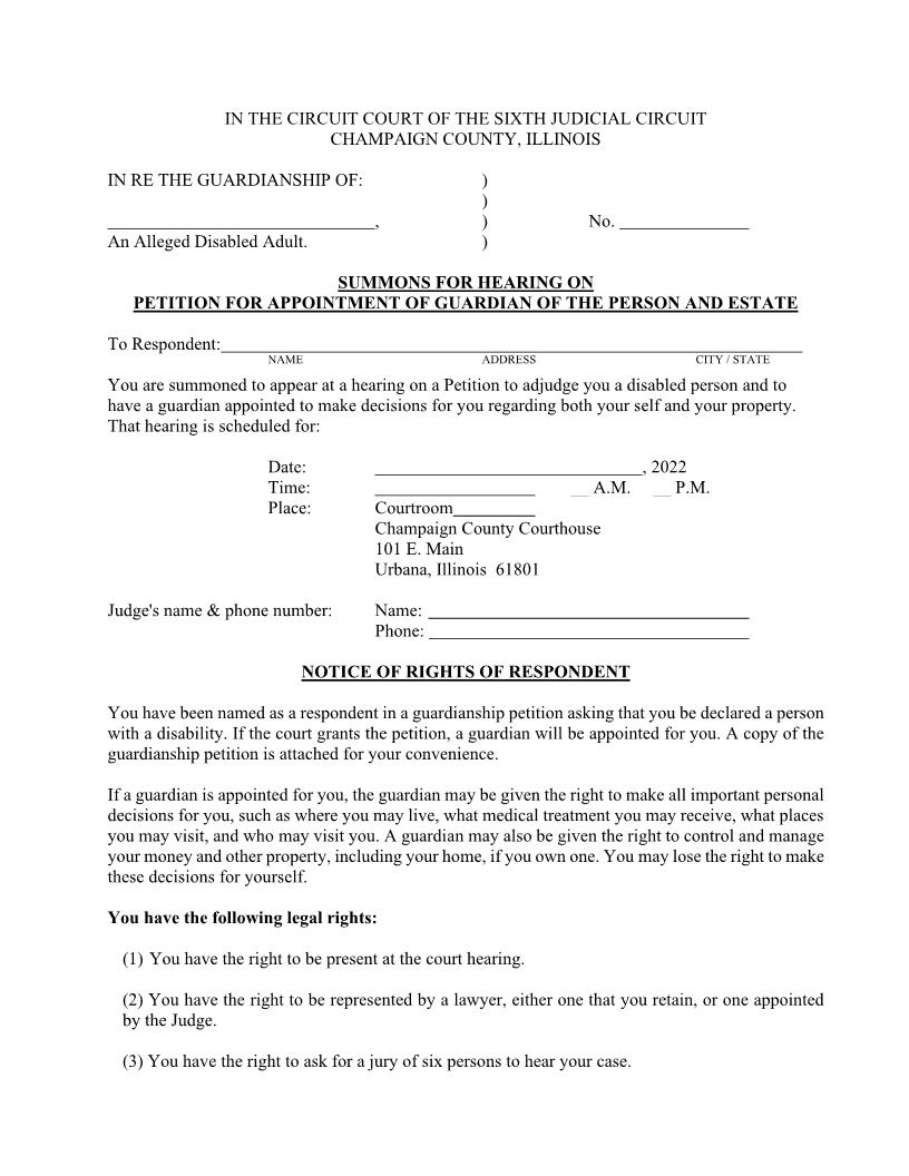 Summons For Hearing Appointment Of Guardian Person And Estate (Disabled) | Pdf Fpdf Docx | Illinois