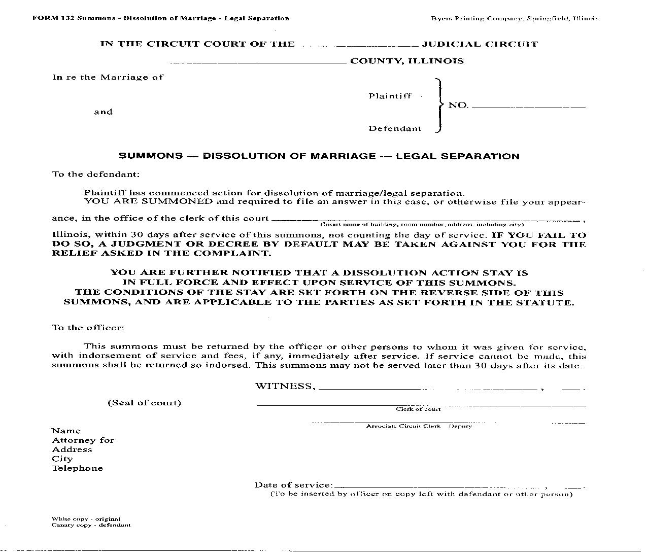 Summons Dissolution Of Marriage Legal Separation {132} |  | Illinois