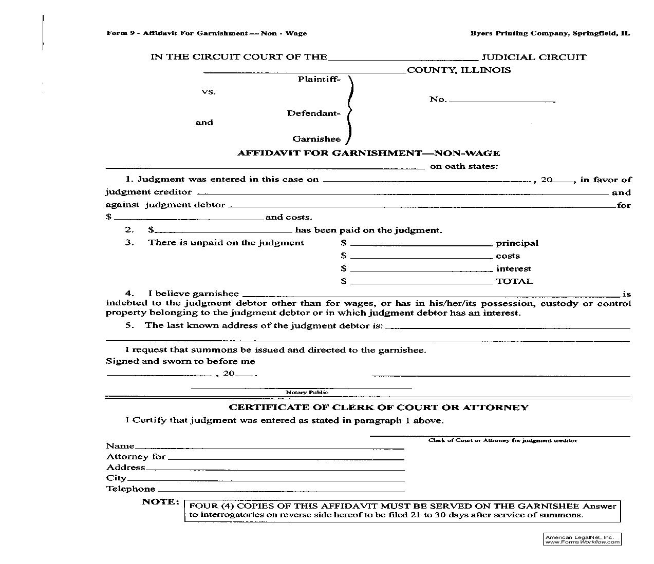 Affidavit For Garnishment Non Wage {9} |  | Illinois