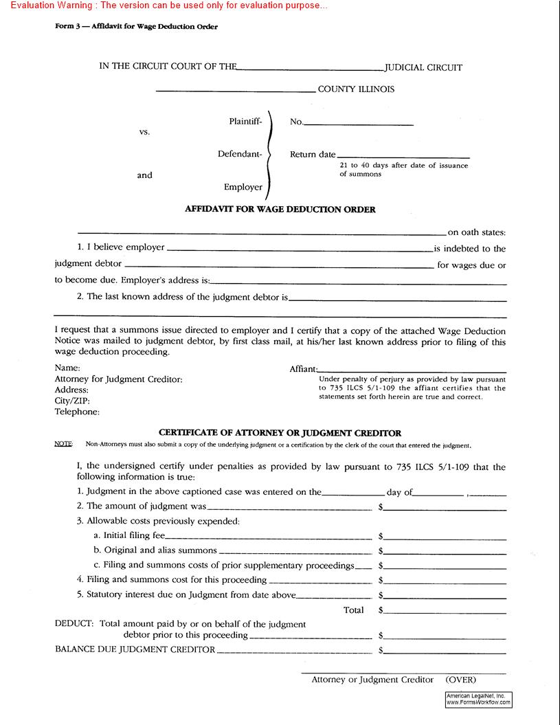 Affidavit For Wage Deduction Order {3} |  | Illinois