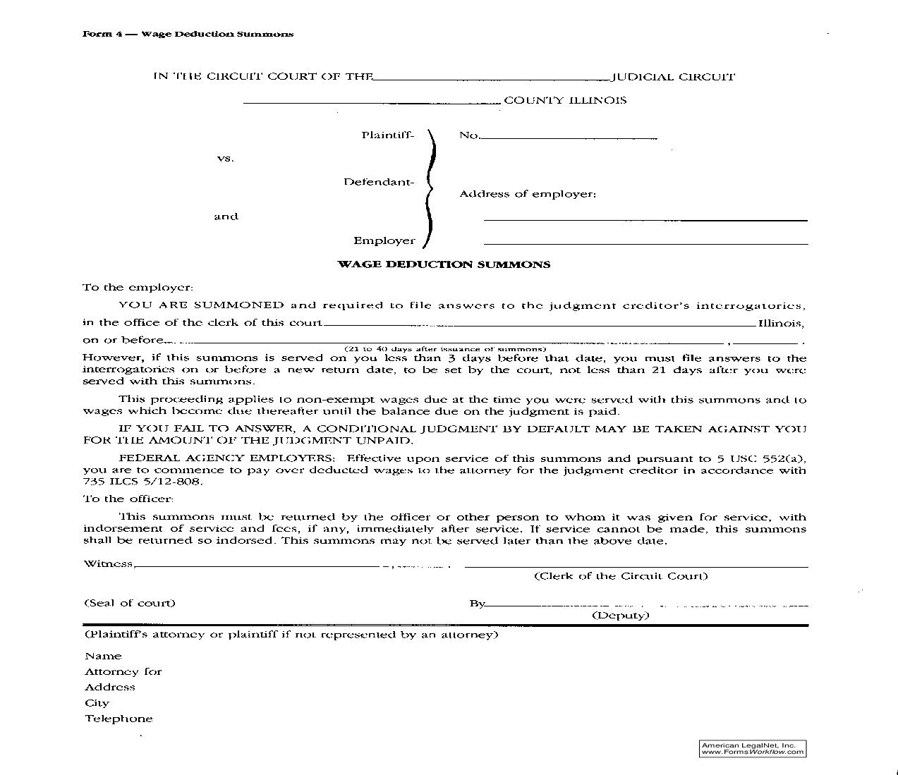 Wage Deduction Summons {4} |  | Illinois