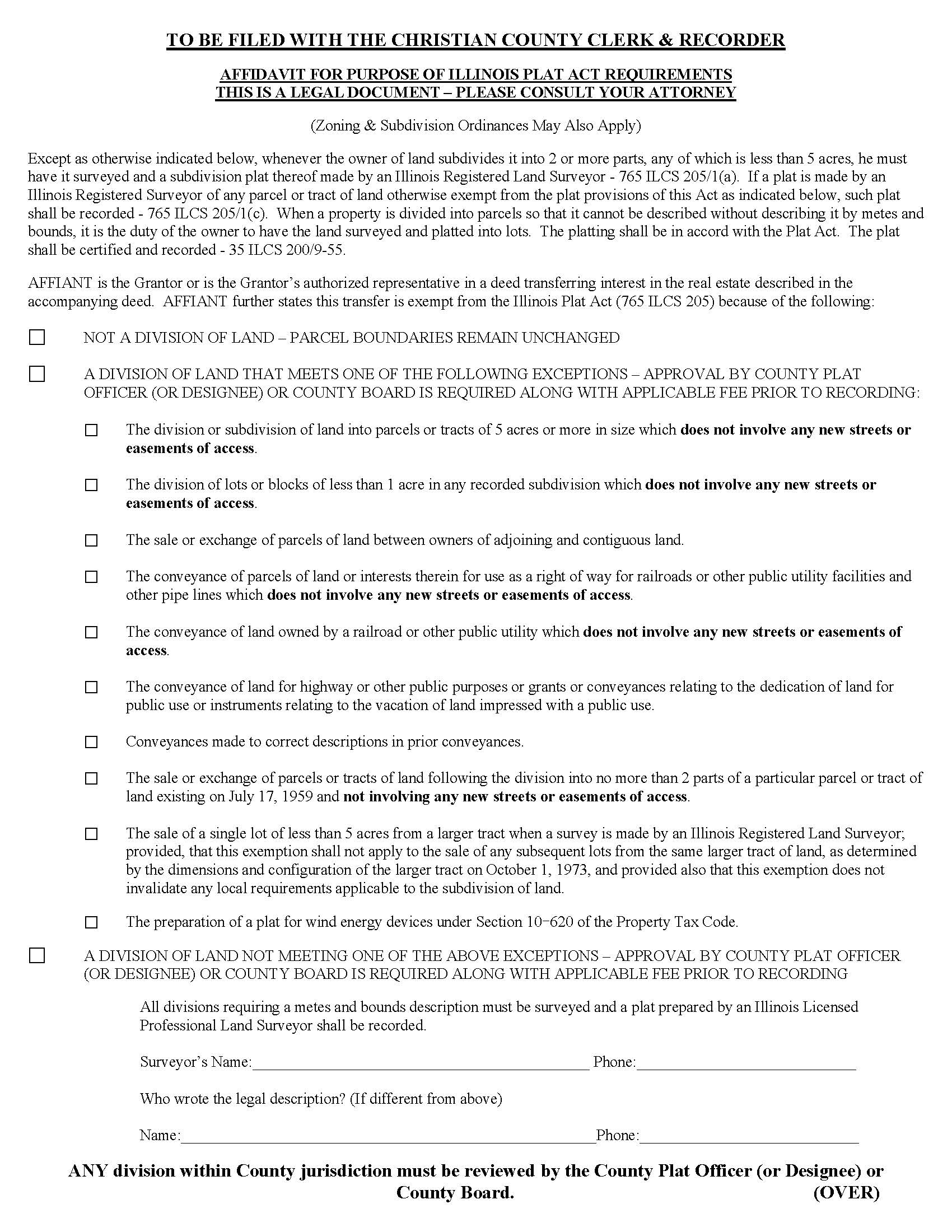 Affidavit For Purpose Of Illinois Plat Act Requirements {CHR PAA} | Pdf Fpdf Docx | Illinois