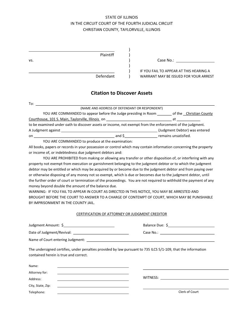 Citation To Discover Assets With Income And Assets Form | Pdf Fpdf Docx | Illinois