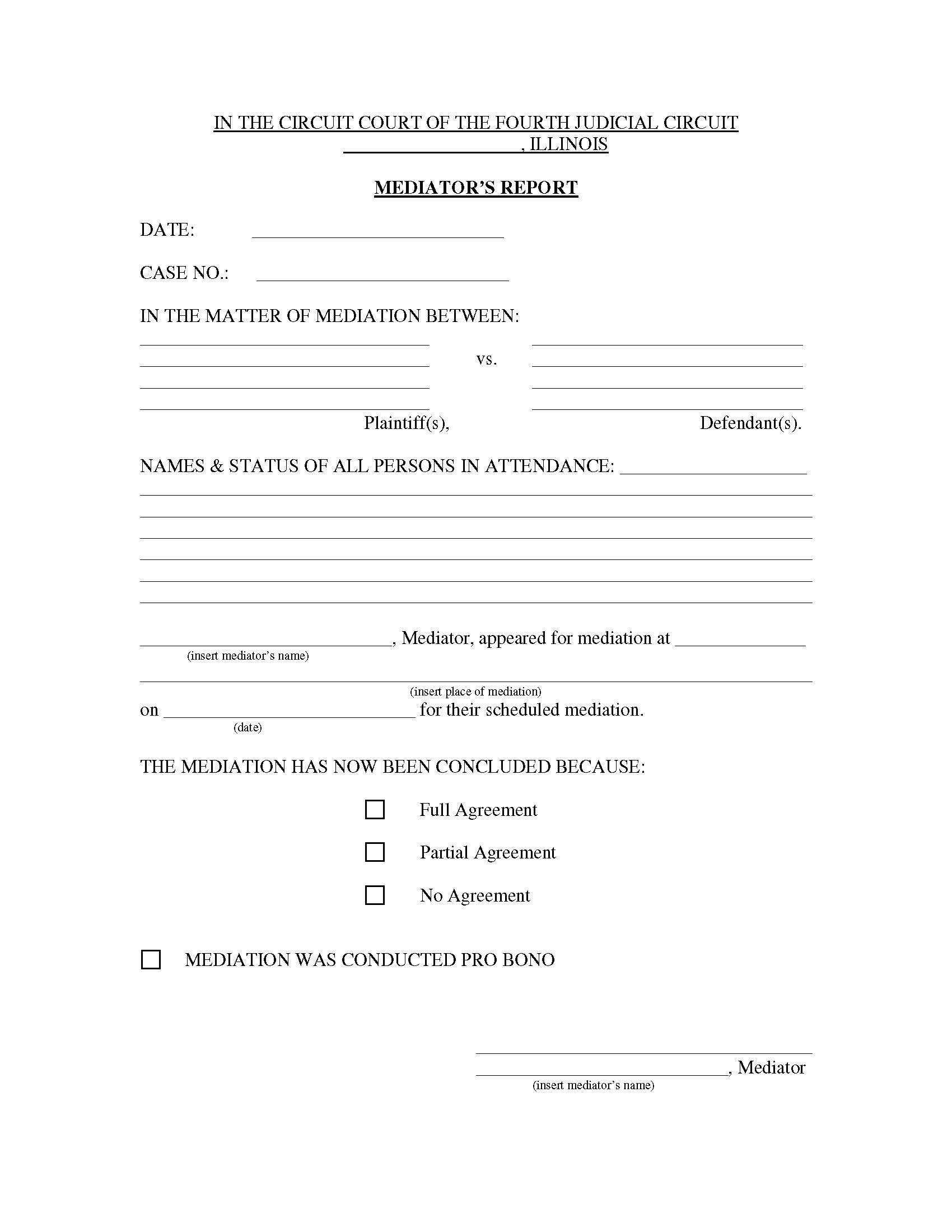 Mediation Report (Civil) | Pdf Fpdf Docx | Illinois
