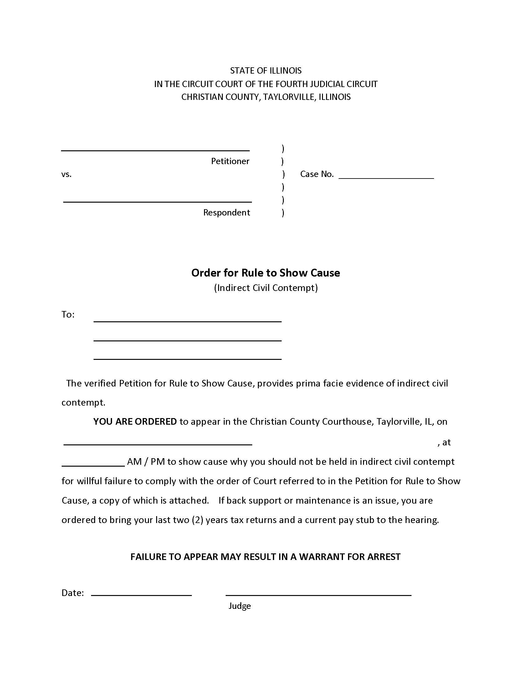 Order For Rule To Show Cause (Indirect Civil Contempt) | Pdf Fpdf Docx | Illinois